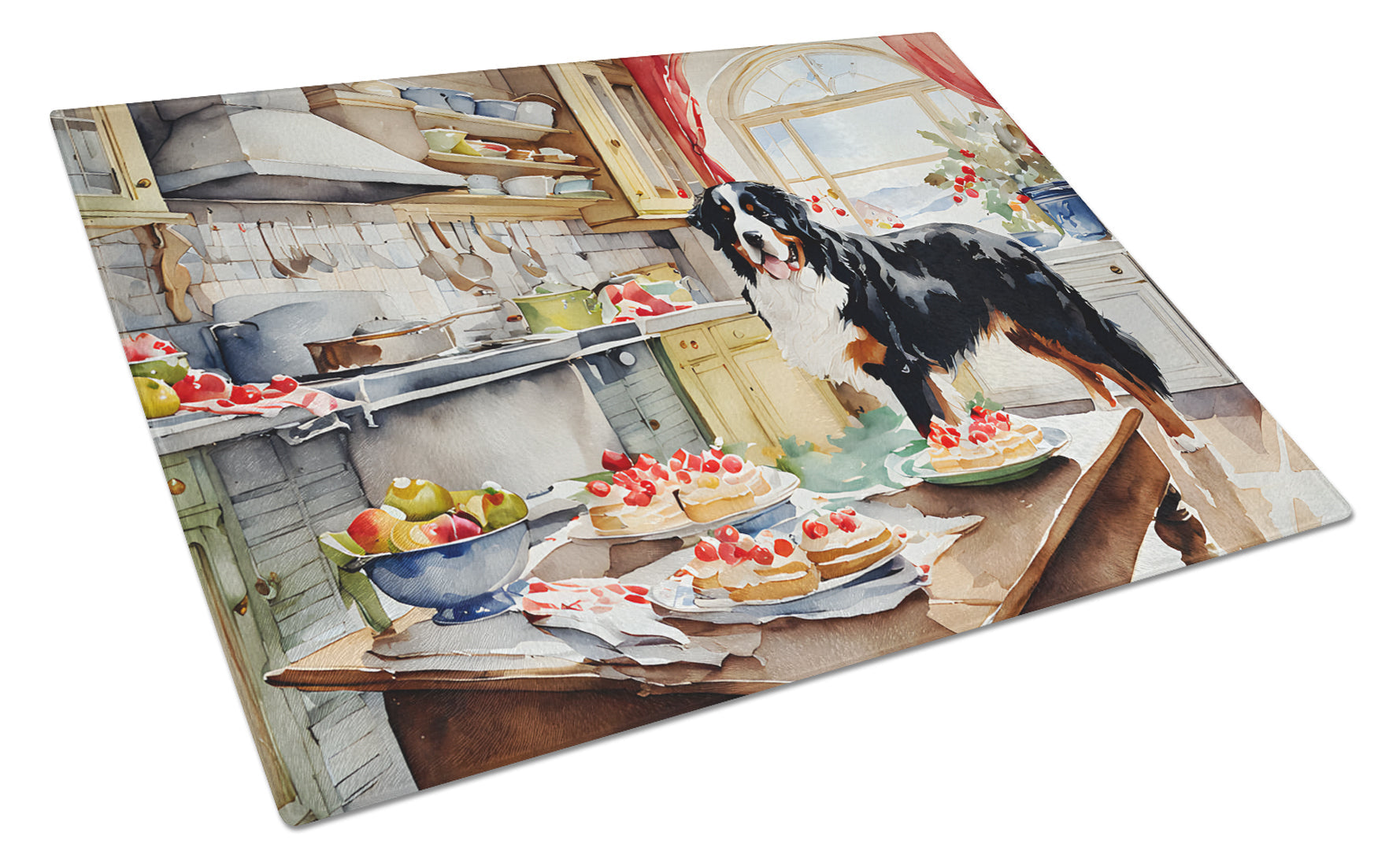 Bernese Mountain Dog Christmas Cookies Cutting Board Tempered Glass Kitchen Cutting Surface, Heat Resistant Chopping, Non-Slip Feet, Food Prep & Serving