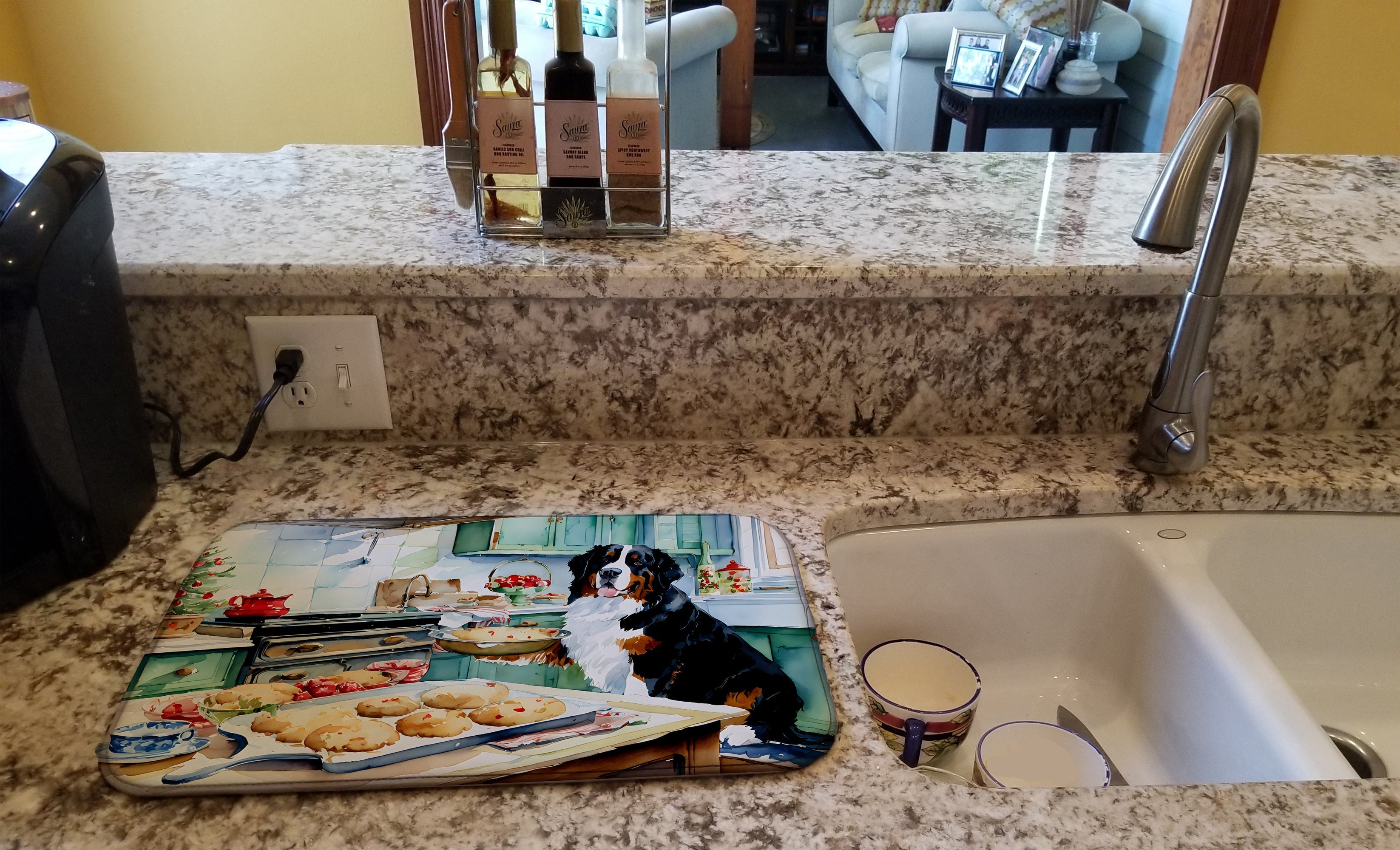 Bernese Mountain Dog Christmas Cookies Dish Drying Mat Absorbent Dish Drying Mat Pad for Kitchen Counter Dish Drainer Mat for Countertop, 14 x 21", Multicolor