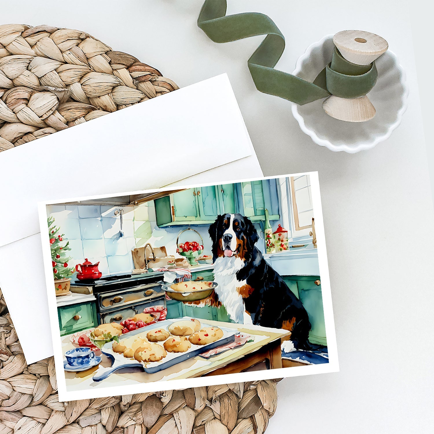 Bernese Mountain Dog Christmas Cookies Greeting Cards Pack of 8 Blank Cards with Envelopes Whimsical A7 Size 5x7