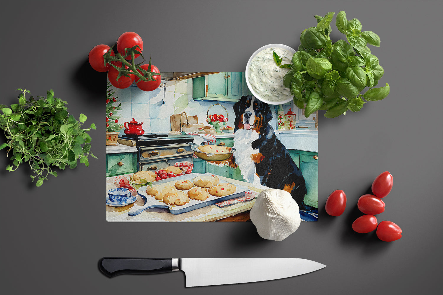 Bernese Mountain Dog Christmas Cookies Cutting Board Tempered Glass Kitchen Cutting Surface, Heat Resistant Chopping, Non-Slip Feet, Food Prep & Serving