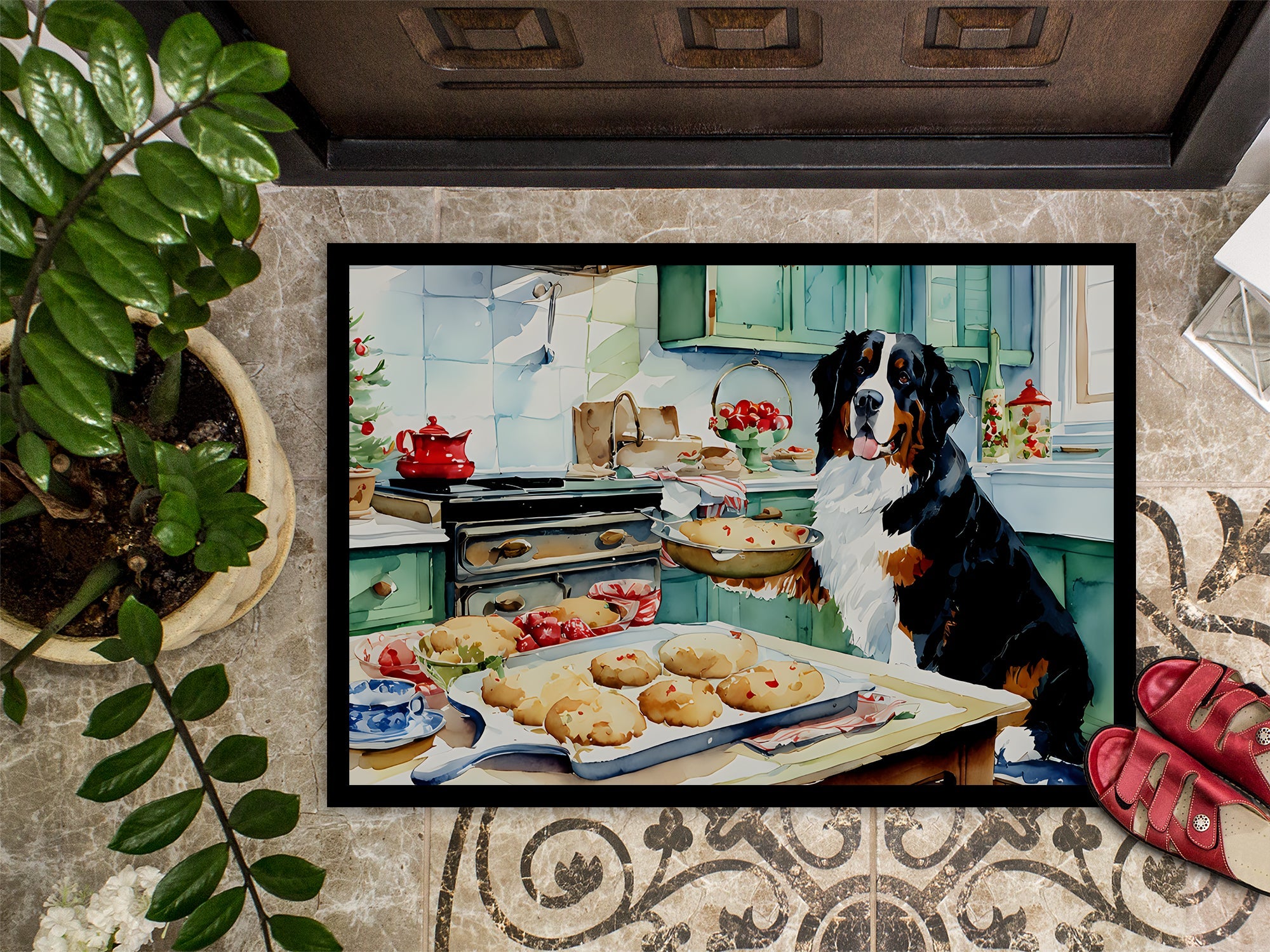 Bernese Mountain Dog Christmas Cookies Doormat Indoor Outdoor 18H X 27W Front Door Mat Rugs for Entryway, Non Slip Washable