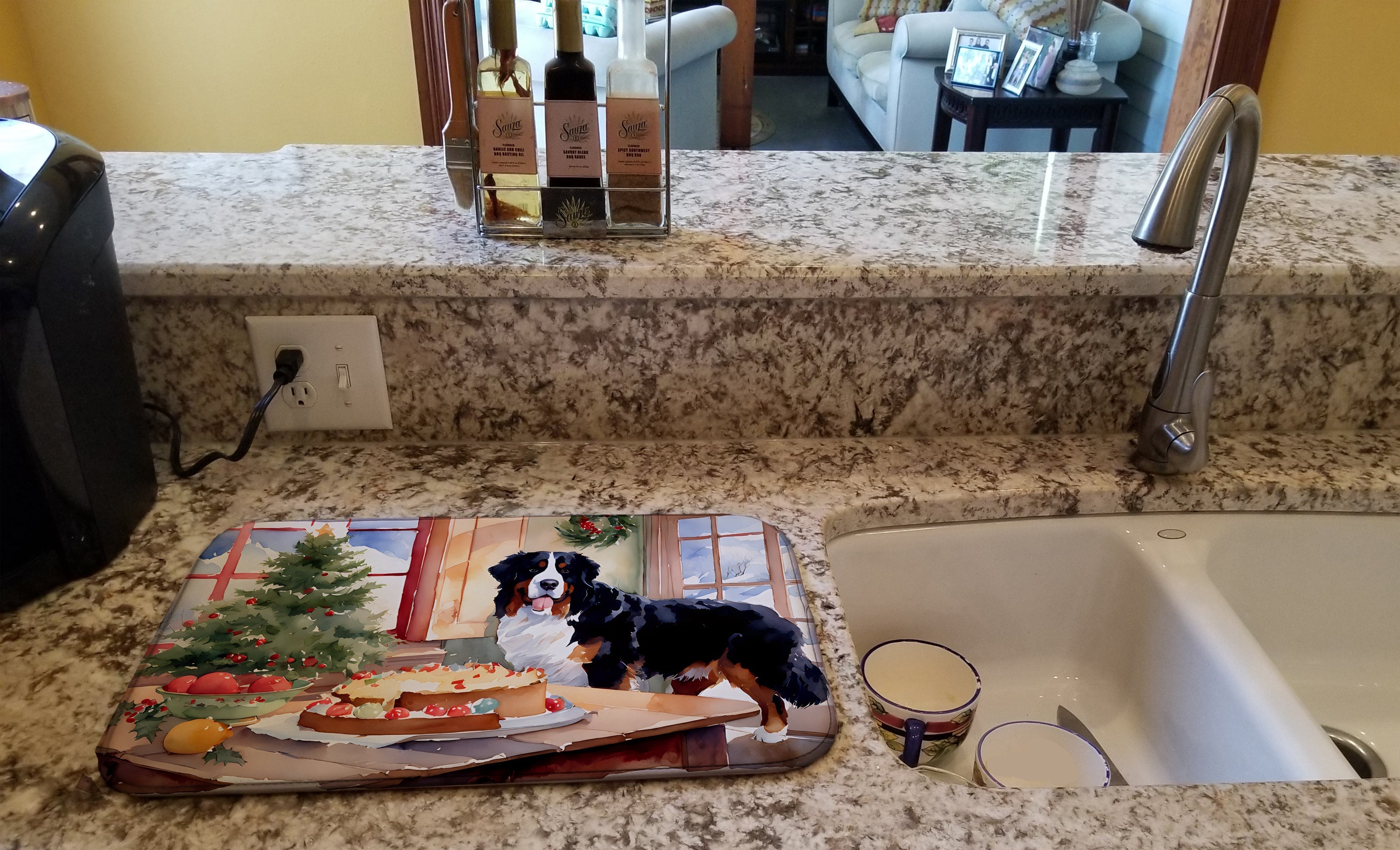 Bernese Mountain Dog Christmas Cookies Dish Drying Mat Absorbent Dish Drying Mat Pad for Kitchen Counter Dish Drainer Mat for Countertop, 14 x 21", Multicolor