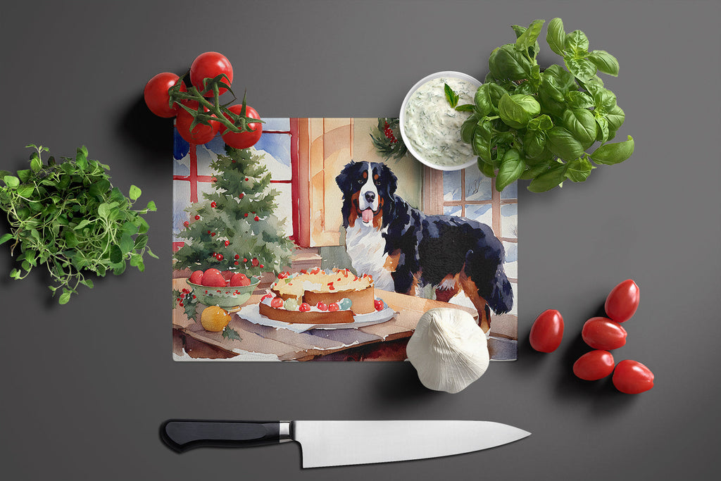 Bernese Mountain Dog Christmas Cookies Cutting Board Tempered Glass Kitchen Cutting Surface, Heat Resistant Chopping, Non-Slip Feet, Food Prep & Serving