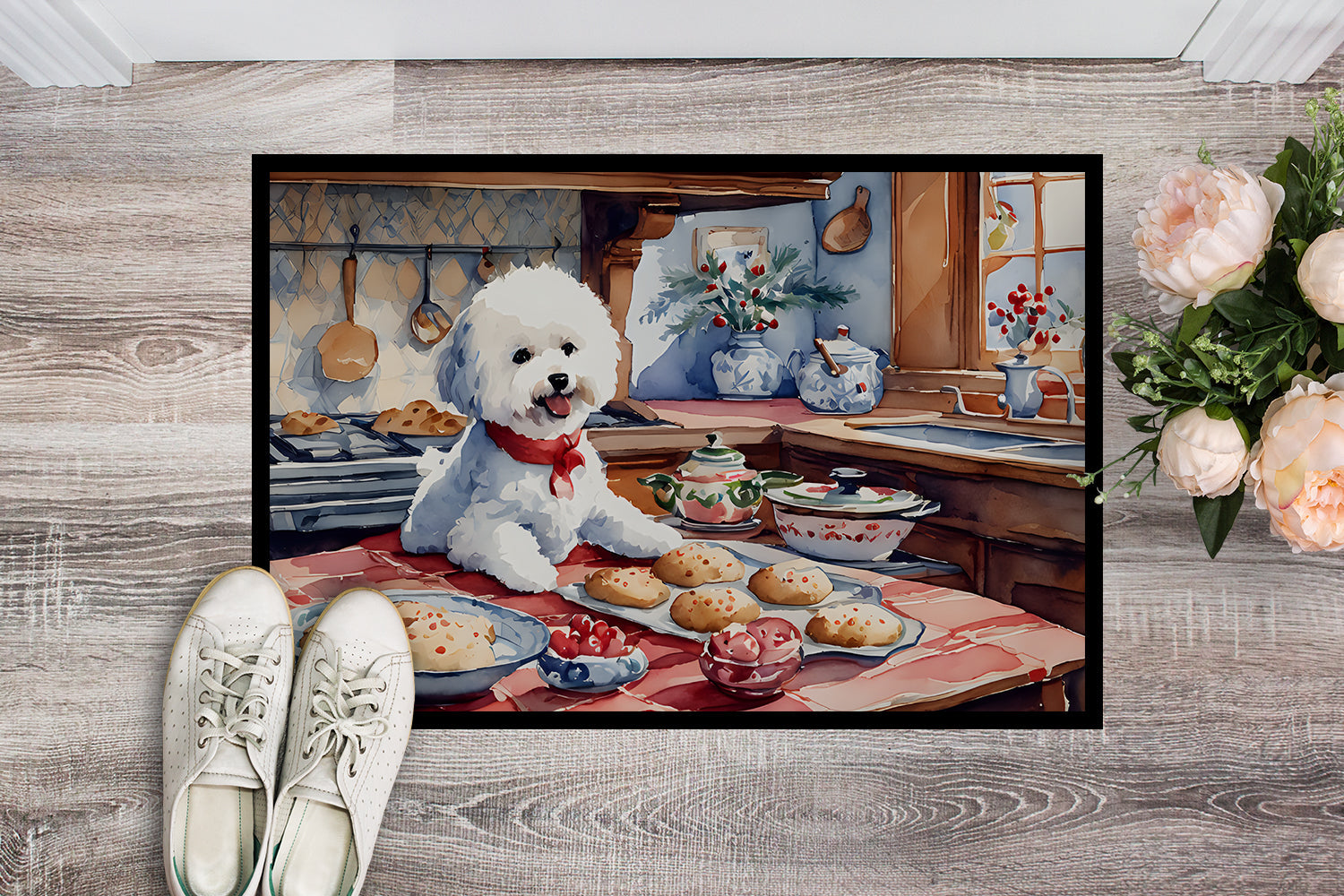 Bichon Frise Christmas Cookies Doormat Indoor Outdoor 18H X 27W Front Door Mat Rugs for Entryway, Non Slip Washable