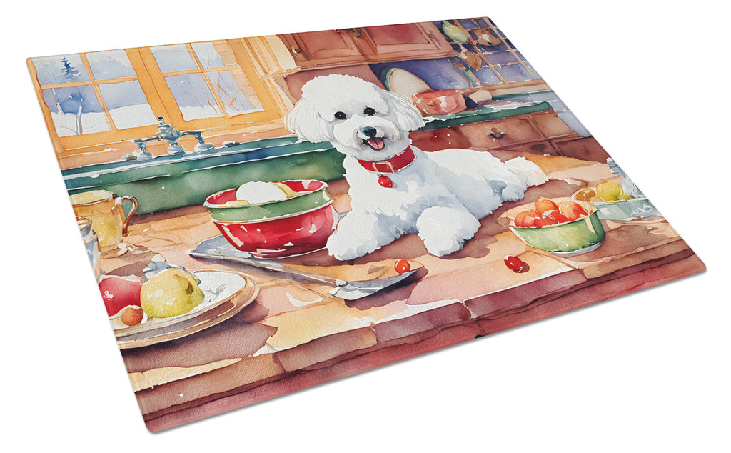 Bichon Frise Christmas Cookies Cutting Board Tempered Glass Kitchen Cutting Surface, Heat Resistant Chopping, Non-Slip Feet, Food Prep & Serving