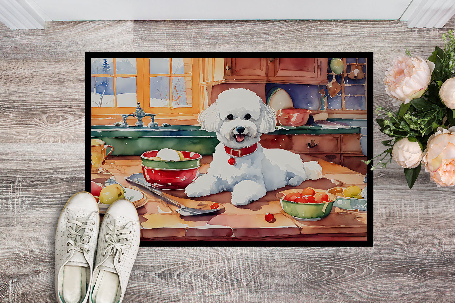Bichon Frise Christmas Cookies Doormat Indoor Outdoor 18H X 27W Front Door Mat Rugs for Entryway, Non Slip Washable