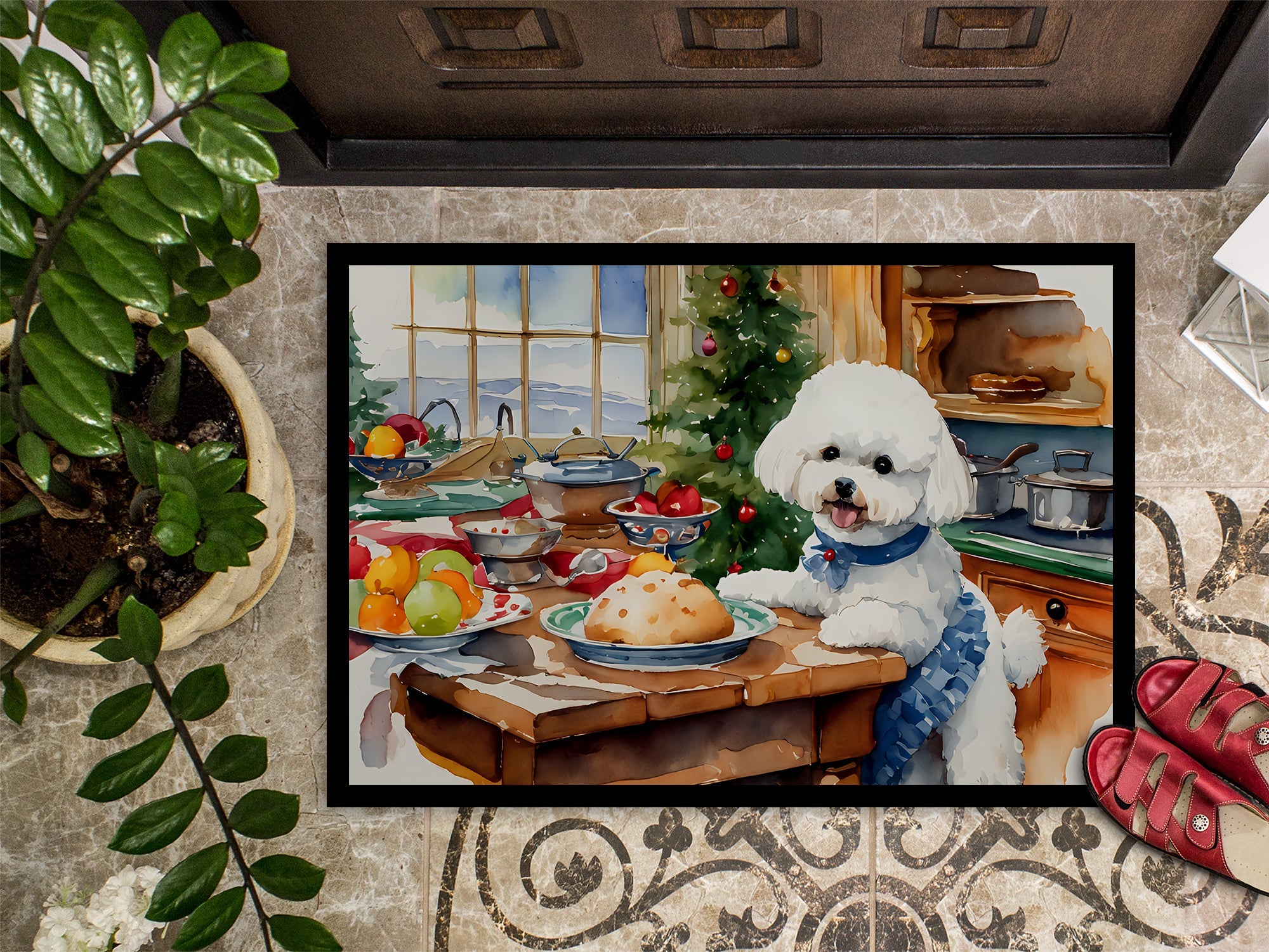 Bichon Frise Christmas Cookies Doormat Indoor Outdoor 18H X 27W Front Door Mat Rugs for Entryway, Non Slip Washable