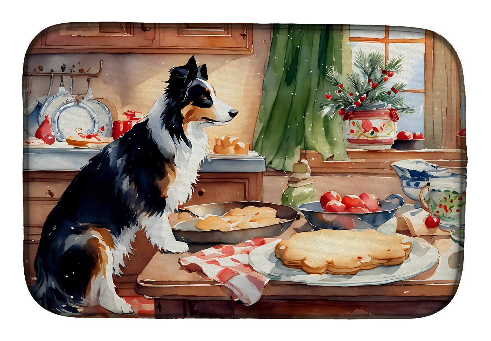 Border Collie Christmas Cookies Dish Drying Mat Absorbent Dish Drying Mat Pad for Kitchen Counter Dish Drainer Mat for Countertop, 14 x 21", Multicolor