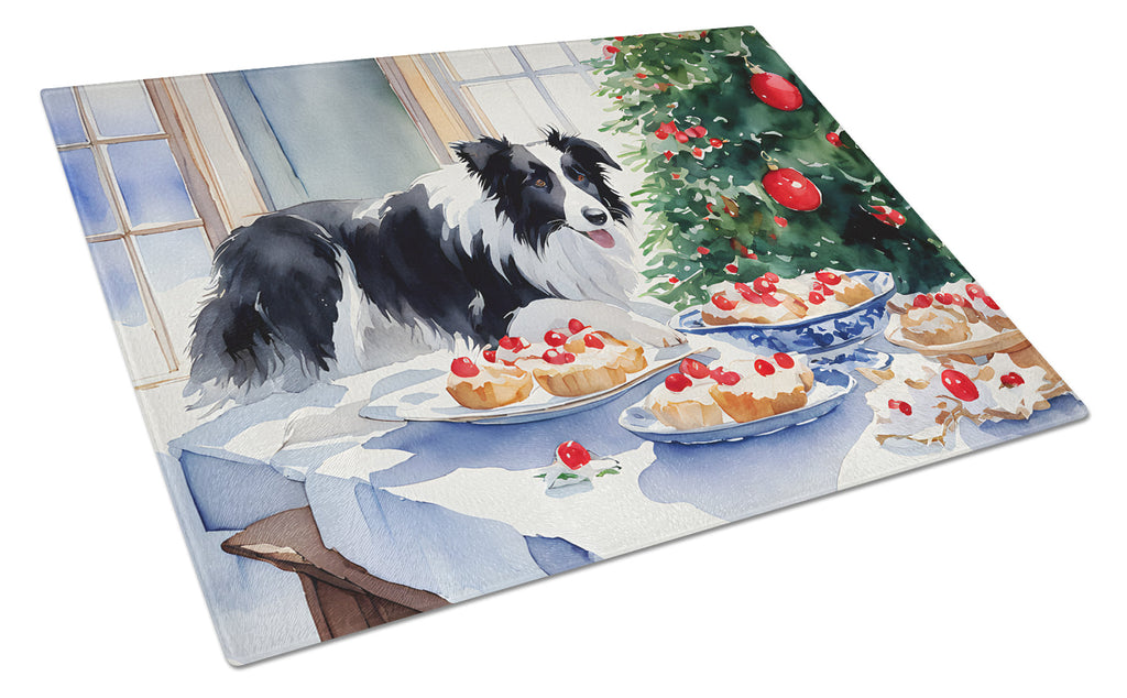 Border Collie Christmas Cookies Cutting Board Tempered Glass Kitchen Cutting Surface, Heat Resistant Chopping, Non-Slip Feet, Food Prep & Serving