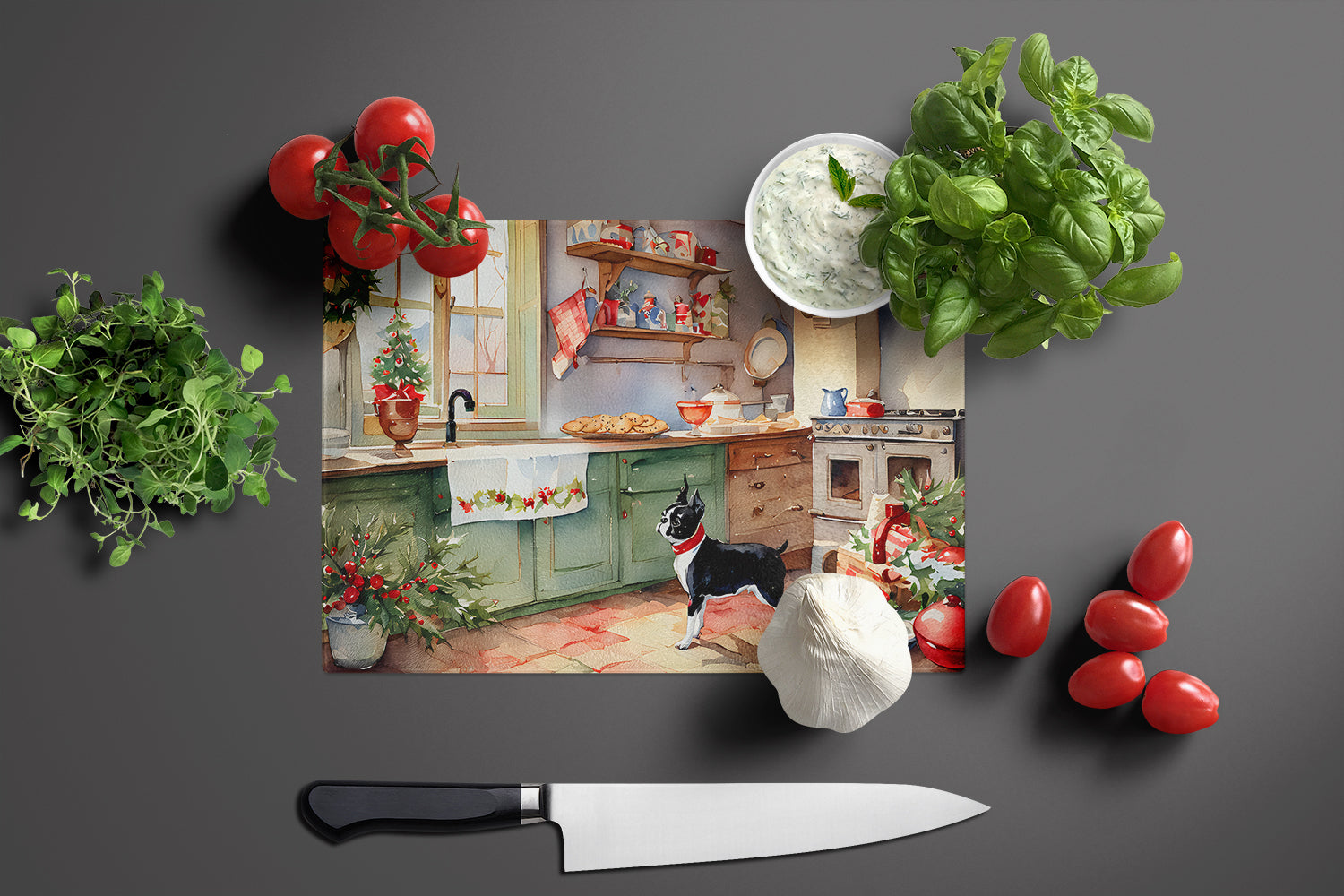 Boston Terrier Christmas Cookies Cutting Board Tempered Glass Kitchen Cutting Surface, Heat Resistant Chopping, Non-Slip Feet, Food Prep & Serving