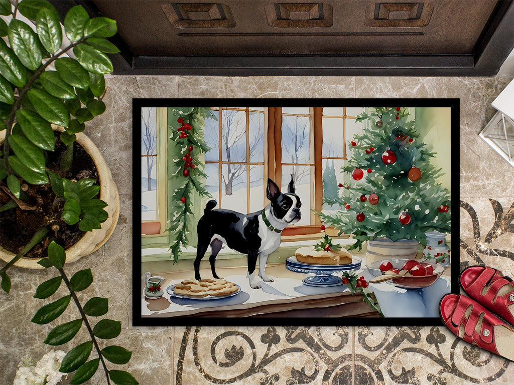Boston Terrier Christmas Cookies Doormat Indoor Outdoor 18H X 27W Front Door Mat Rugs for Entryway, Non Slip Washable
