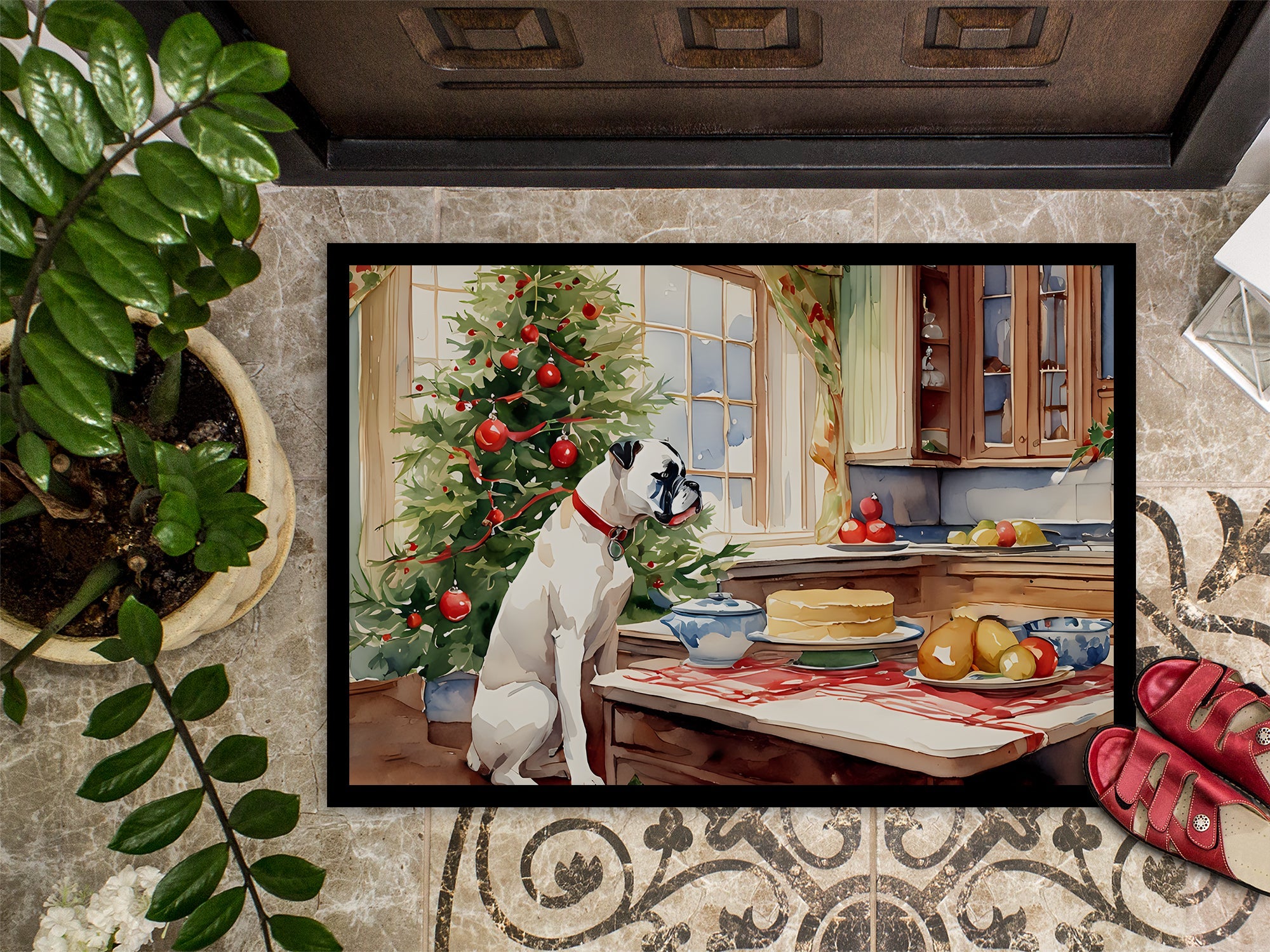 White Boxer Christmas Cookies Doormat Indoor Outdoor 18H X 27W Front Door Mat Rugs for Entryway, Non Slip Washable