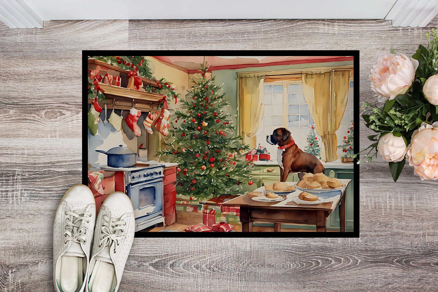 Boxer Christmas Cookies Doormat Indoor Outdoor 18H X 27W Front Door Mat Rugs for Entryway, Non Slip Washable