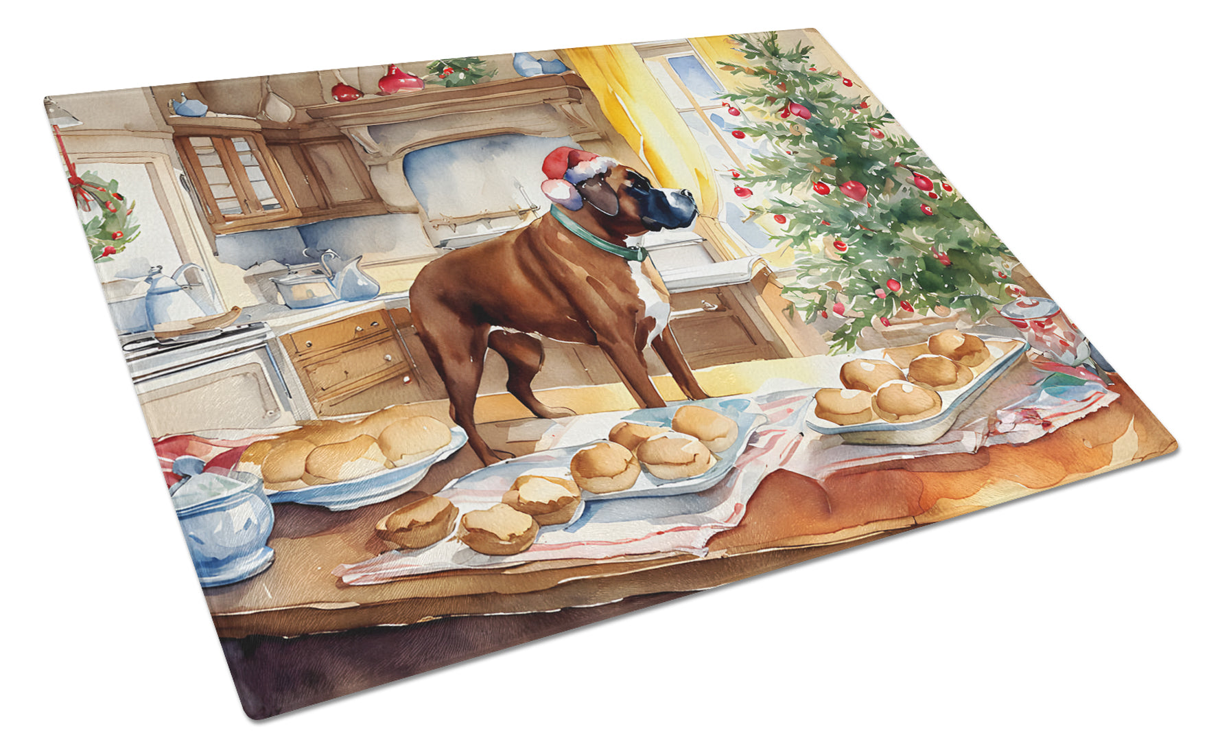 Boxer Christmas Cookies Cutting Board Tempered Glass Kitchen Cutting Surface, Heat Resistant Chopping, Non-Slip Feet, Food Prep & Serving