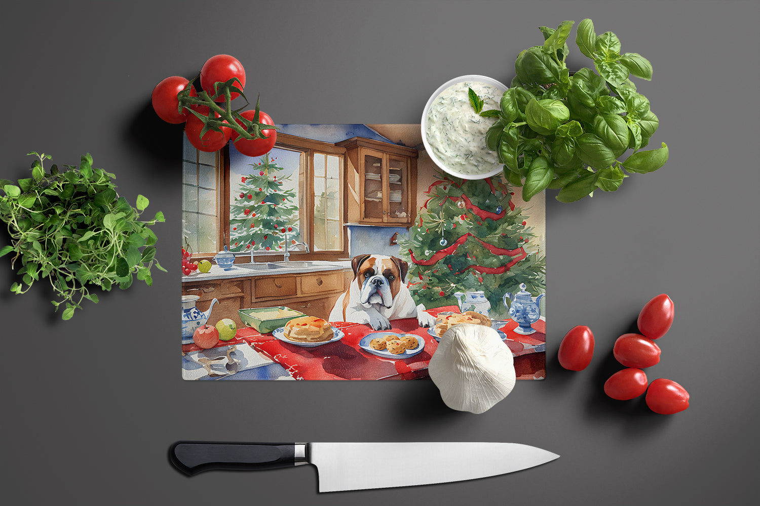Boxer Christmas Cookies Cutting Board Tempered Glass Kitchen Cutting Surface, Heat Resistant Chopping, Non-Slip Feet, Food Prep & Serving