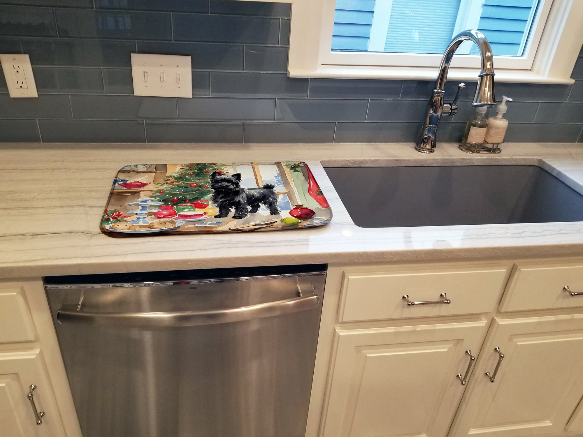 Cairn Terrier Christmas Cookies Dish Drying Mat Absorbent Dish Drying Mat Pad for Kitchen Counter Dish Drainer Mat for Countertop, 14 x 21", Multicolor