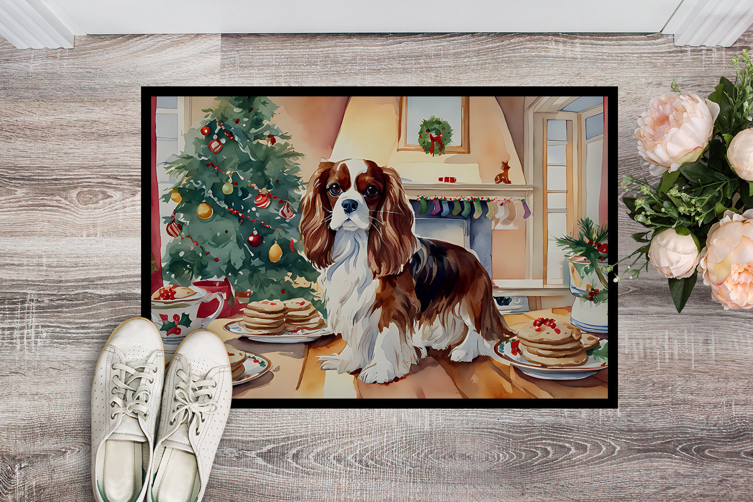 Cavalier Spaniel Christmas Cookies Doormat Indoor Outdoor 18H X 27W Front Door Mat Rugs for Entryway, Non Slip Washable