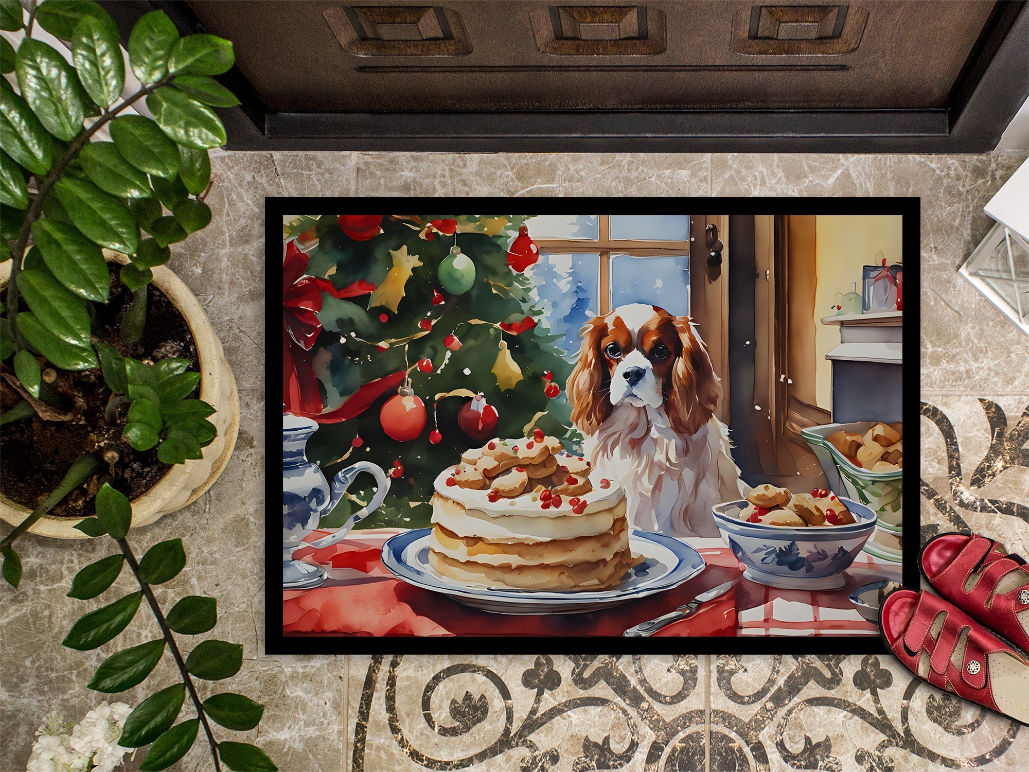 Cavalier Spaniel Christmas Cookies Doormat Indoor Outdoor 24H X 36W Front Door Mat Rugs for Entryway, Non Slip Washable Low Pile,