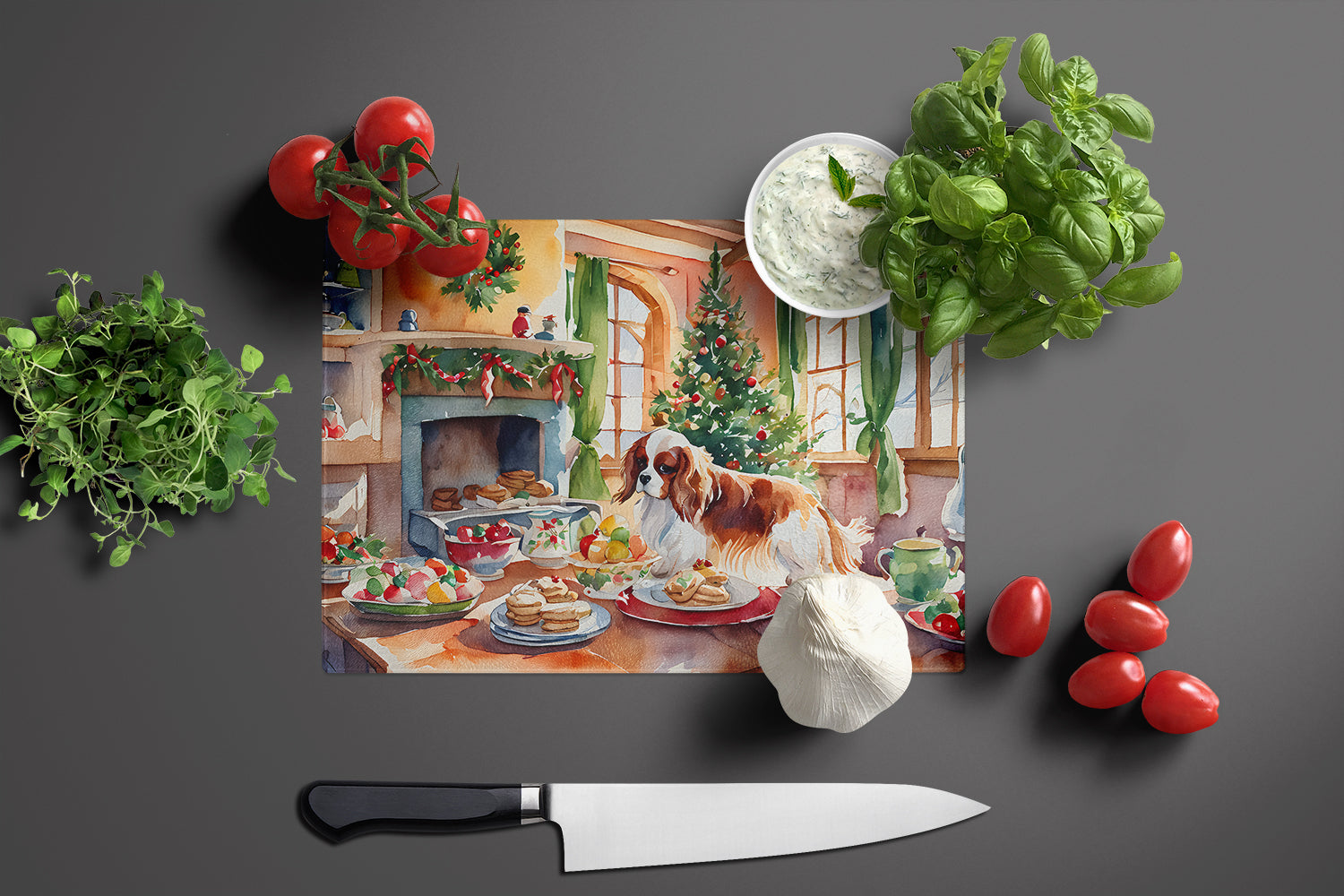 Cavalier Spaniel Christmas Cookies Cutting Board Tempered Glass Kitchen Cutting Surface, Heat Resistant Chopping, Non-Slip Feet, Food Prep & Serving
