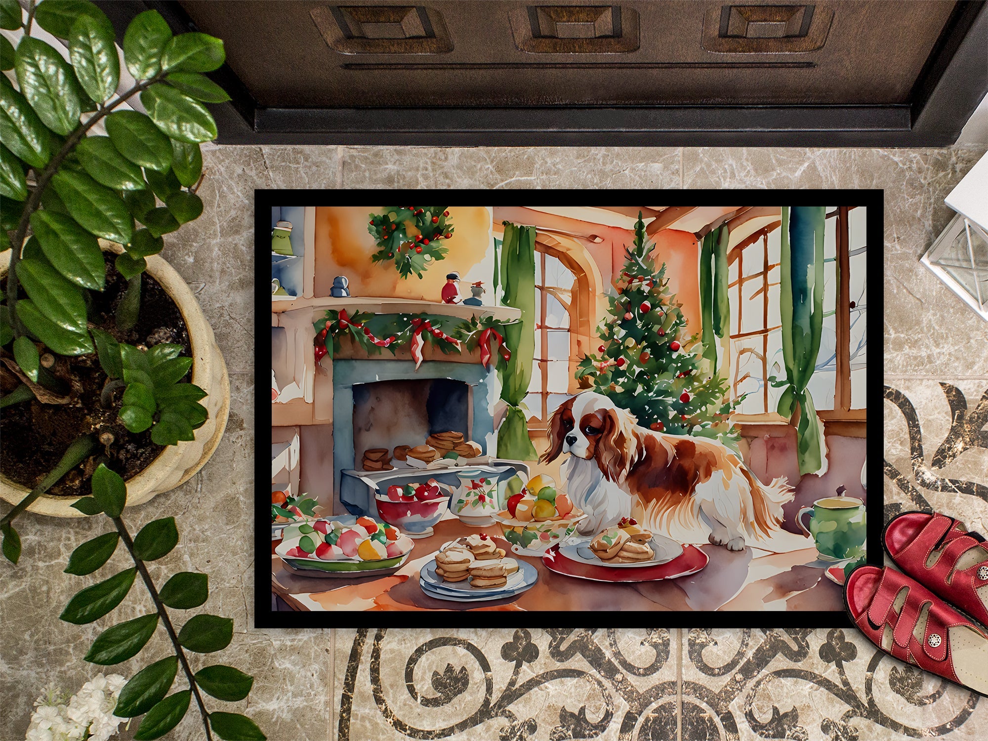 Cavalier Spaniel Christmas Cookies Doormat Indoor Outdoor 18H X 27W Front Door Mat Rugs for Entryway, Non Slip Washable