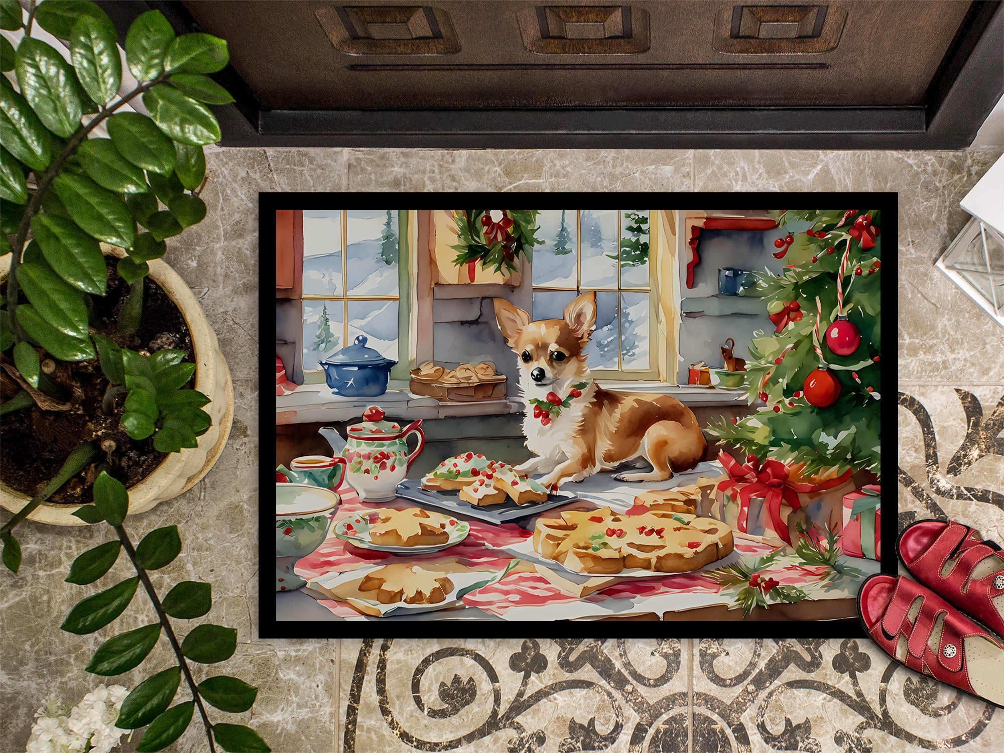 Chihuahua Christmas Cookies Doormat Indoor Outdoor 18H X 27W Front Door Mat Rugs for Entryway, Non Slip Washable