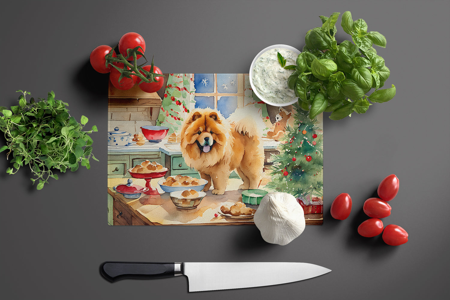 Chow Chow Christmas Cookies Cutting Board Tempered Glass Kitchen Cutting Surface, Heat Resistant Chopping, Non-Slip Feet, Food Prep & Serving