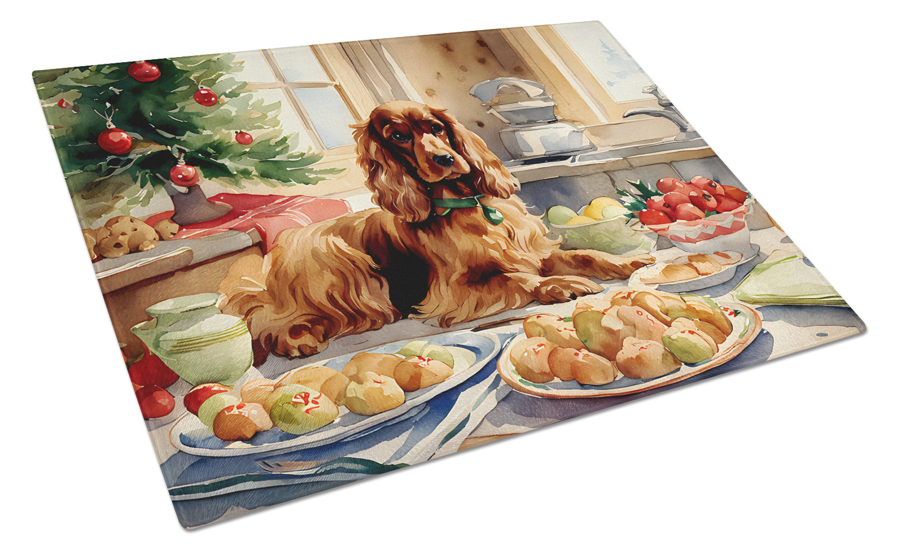 Cocker Spaniel Christmas Cookies Cutting Board Tempered Glass Kitchen Cutting Surface, Heat Resistant Chopping, Non-Slip Feet, Food Prep & Serving