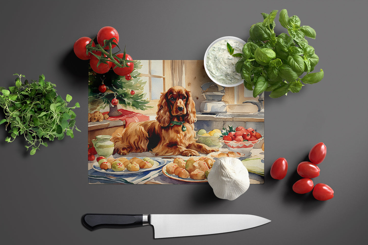Cocker Spaniel Christmas Cookies Cutting Board Tempered Glass Kitchen Cutting Surface, Heat Resistant Chopping, Non-Slip Feet, Food Prep & Serving