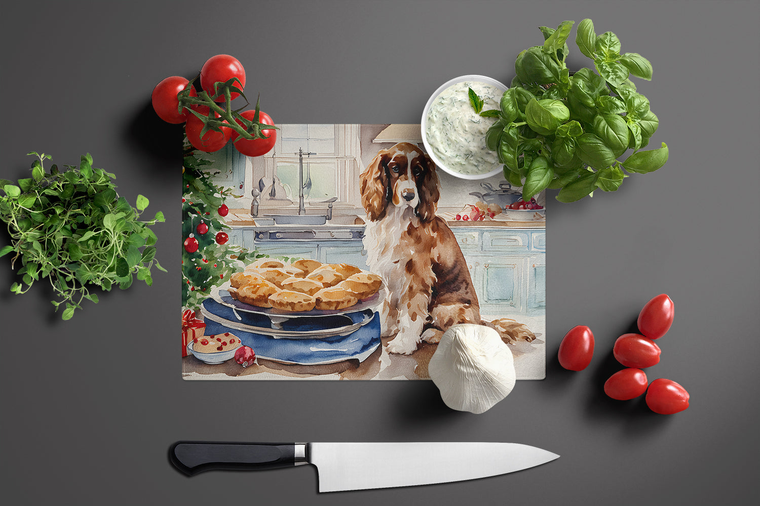 Cocker Spaniel Christmas Cookies Cutting Board Tempered Glass Kitchen Cutting Surface, Heat Resistant Chopping, Non-Slip Feet, Food Prep & Serving