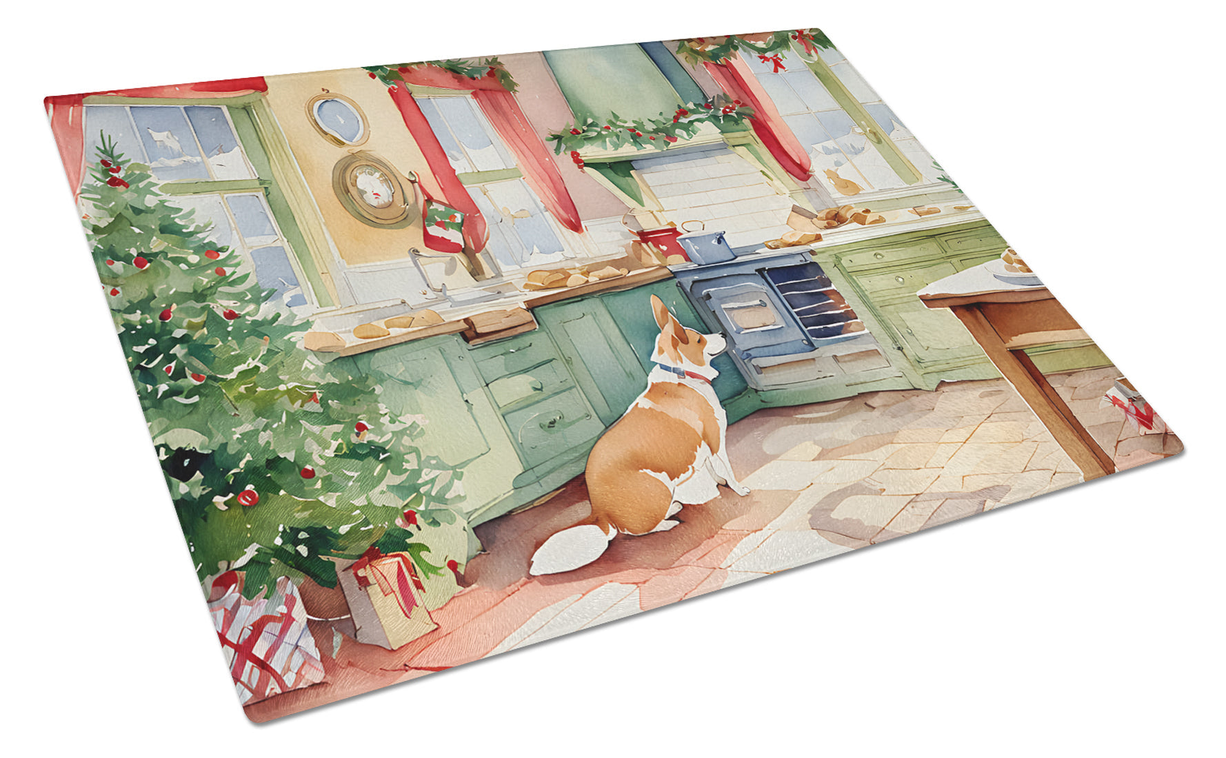 Corgi Christmas Cookies Cutting Board Tempered Glass Kitchen Cutting Surface, Heat Resistant Chopping, Non-Slip Feet, Food Prep & Serving