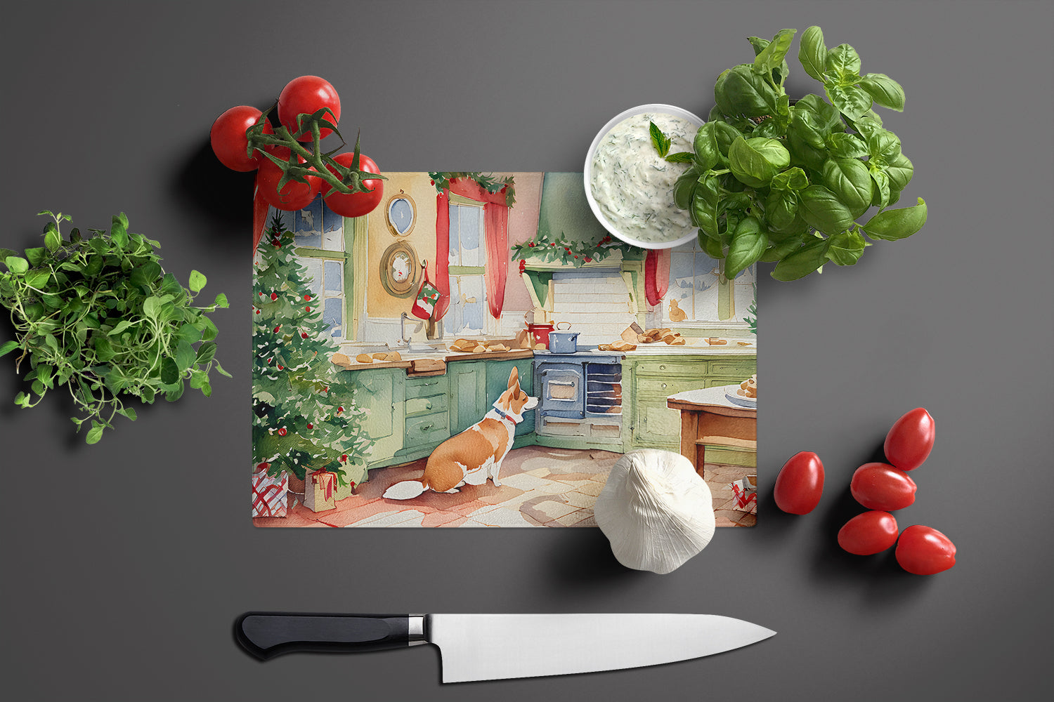Corgi Christmas Cookies Cutting Board Tempered Glass Kitchen Cutting Surface, Heat Resistant Chopping, Non-Slip Feet, Food Prep & Serving
