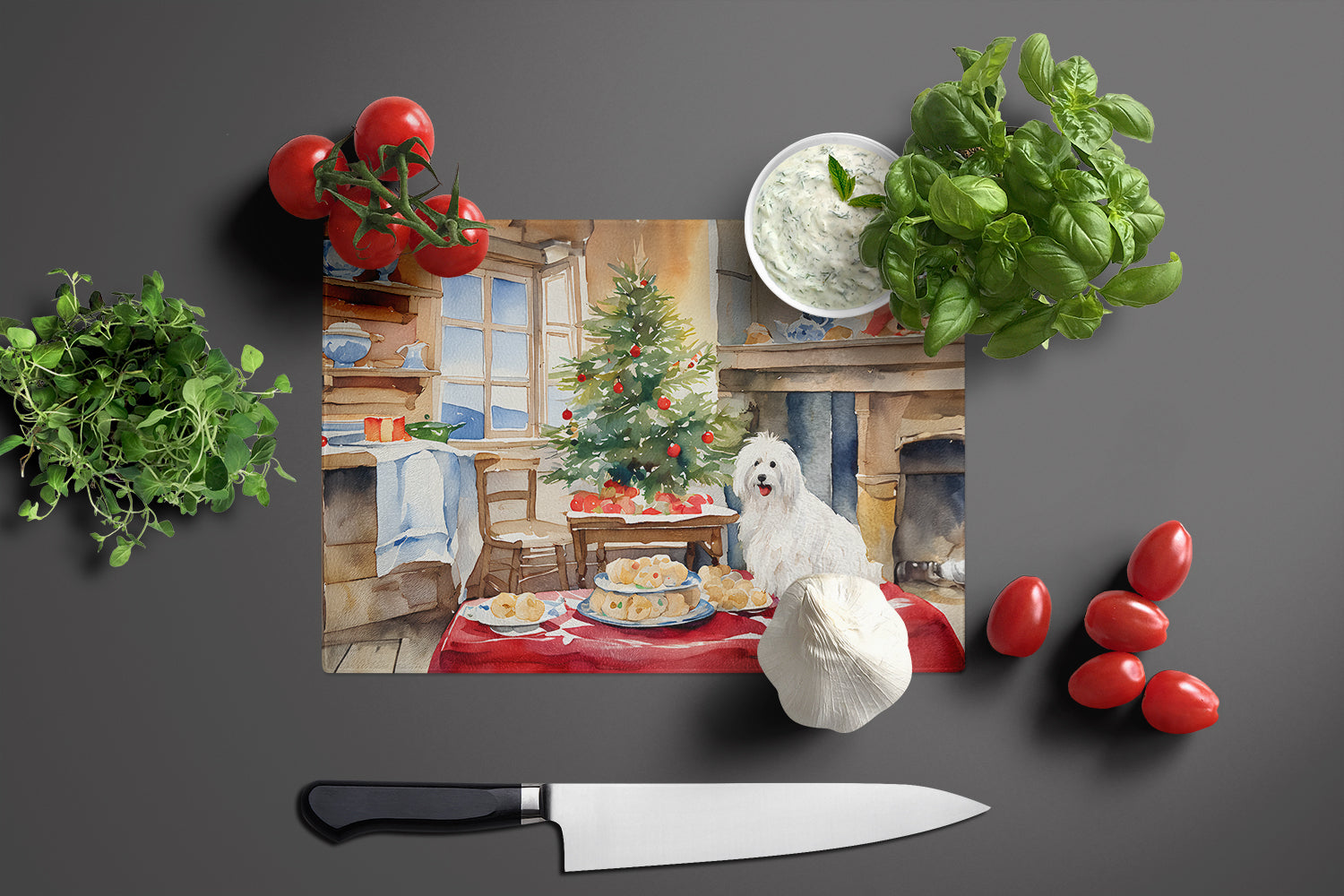 Coton De Tulear Christmas Cookies Cutting Board Tempered Glass Kitchen Cutting Surface, Heat Resistant Chopping, Non-Slip Feet, Food Prep & Serving