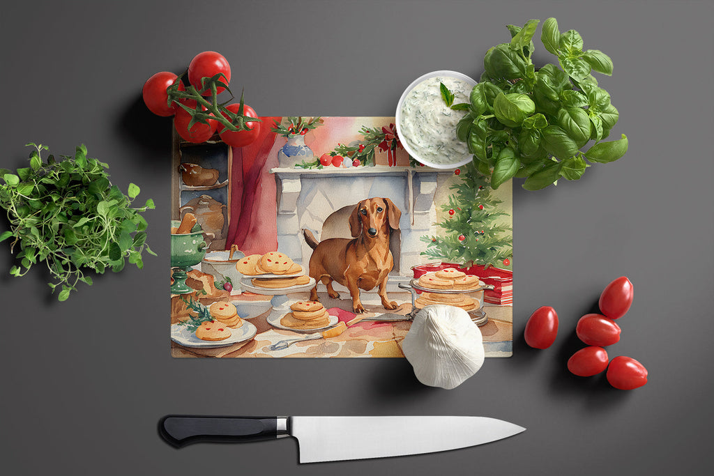 Dachshund Christmas Cookies Cutting Board Tempered Glass Kitchen Cutting Surface, Heat Resistant Chopping, Non-Slip Feet, Food Prep & Serving