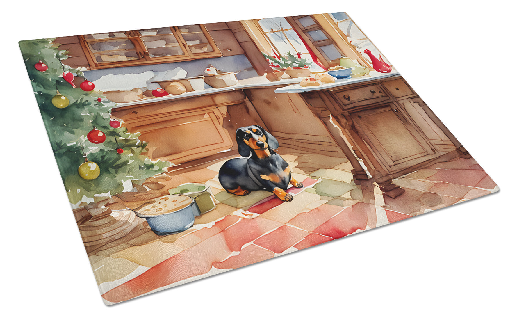 Dachshund Christmas Cookies Cutting Board Tempered Glass Kitchen Cutting Surface, Heat Resistant Chopping, Non-Slip Feet, Food Prep & Serving