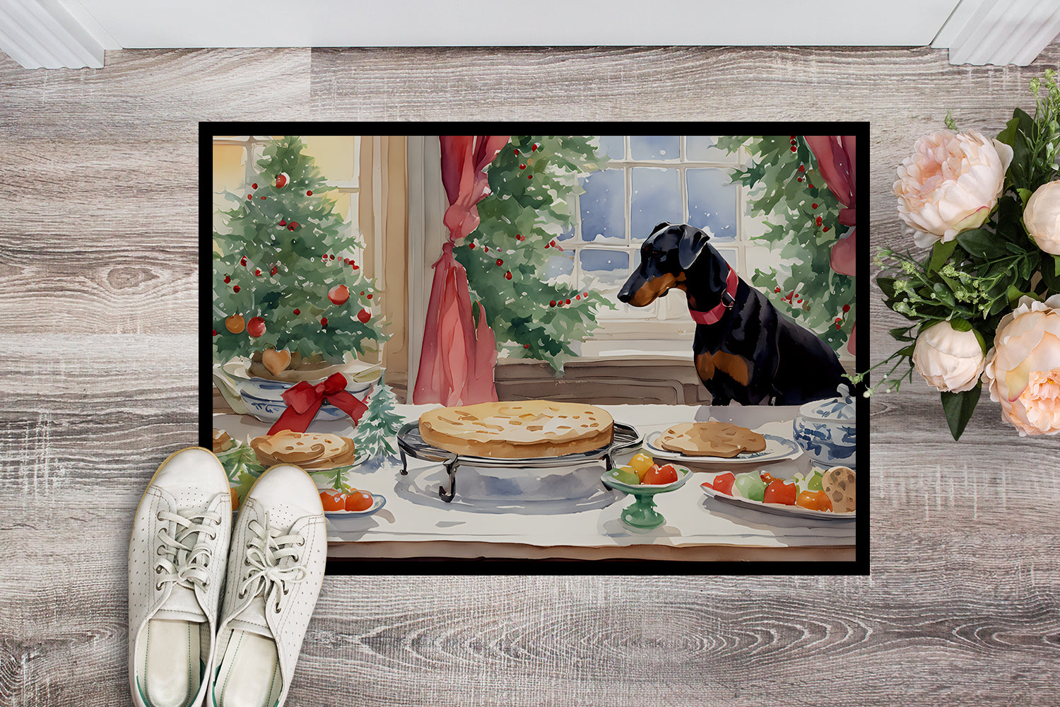 Doberman Pinscher Christmas Cookies Doormat Indoor Outdoor 18H X 27W Front Door Mat Rugs for Entryway, Non Slip Washable