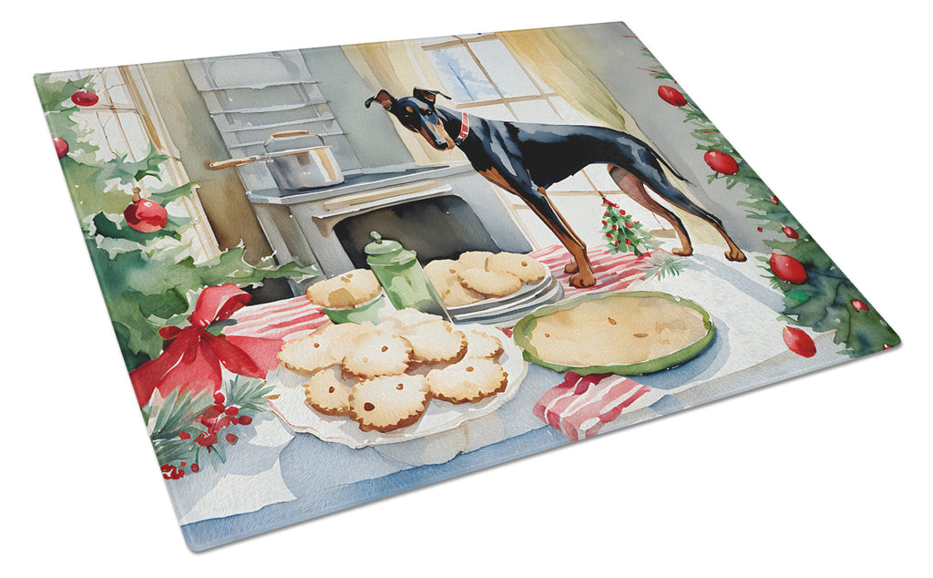 Doberman Pinscher Christmas Cookies Cutting Board Tempered Glass Kitchen Cutting Surface, Heat Resistant Chopping, Non-Slip Feet, Food Prep & Serving