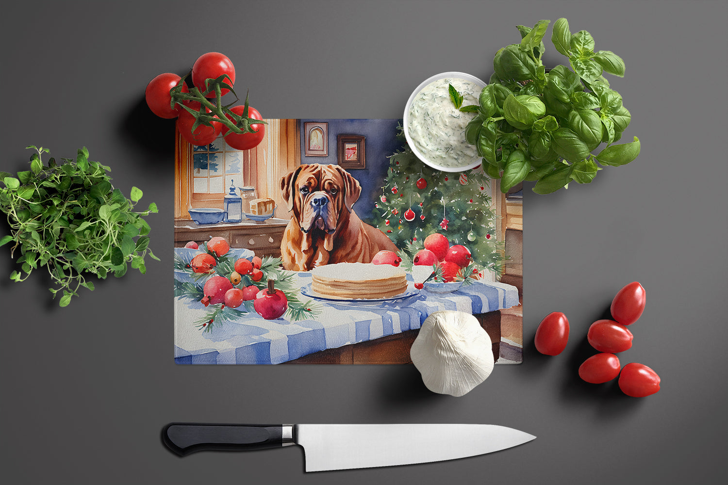Dogue de Bordeaux Christmas Cookies Cutting Board Tempered Glass Kitchen Cutting Surface, Heat Resistant Chopping, Non-Slip Feet, Food Prep & Serving