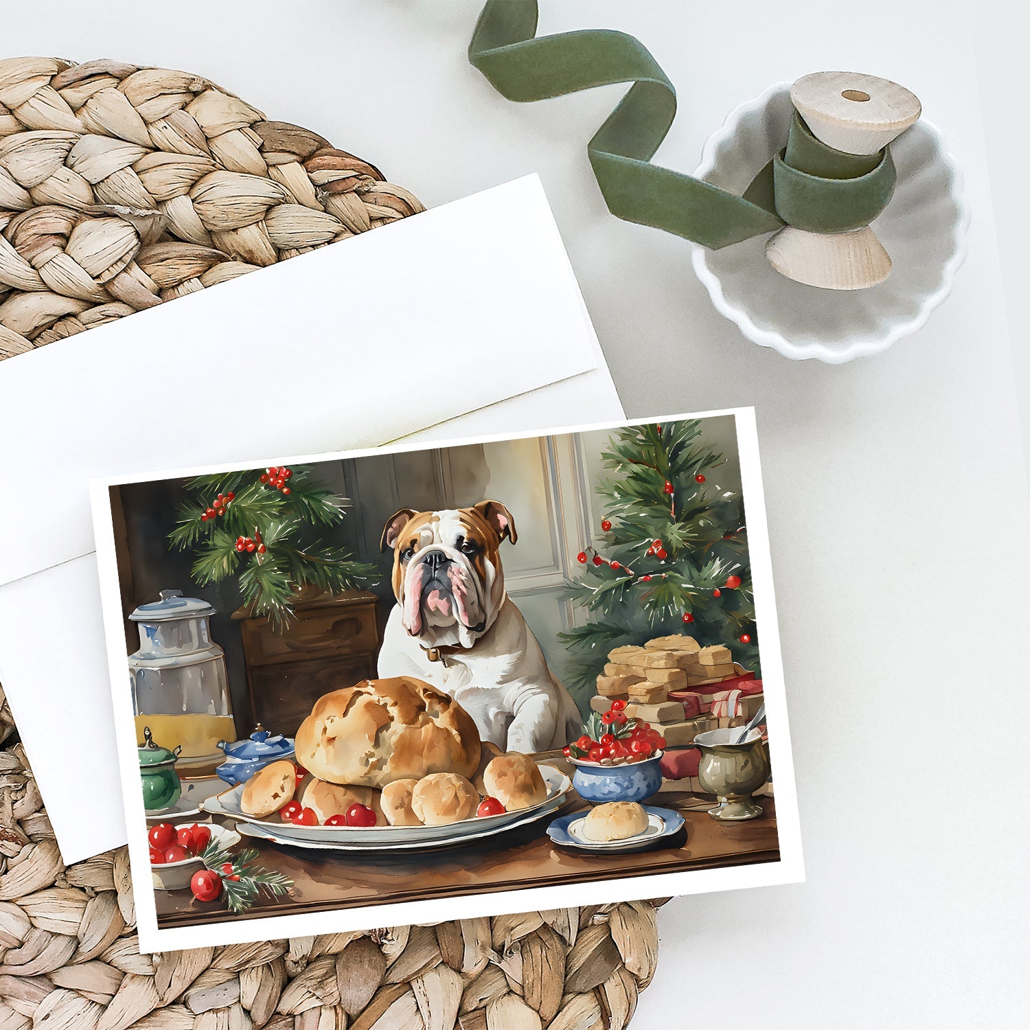 English Bulldog Christmas Cookies Greeting Cards Pack of 8 Blank Cards with Envelopes Whimsical A7 Size 5x7