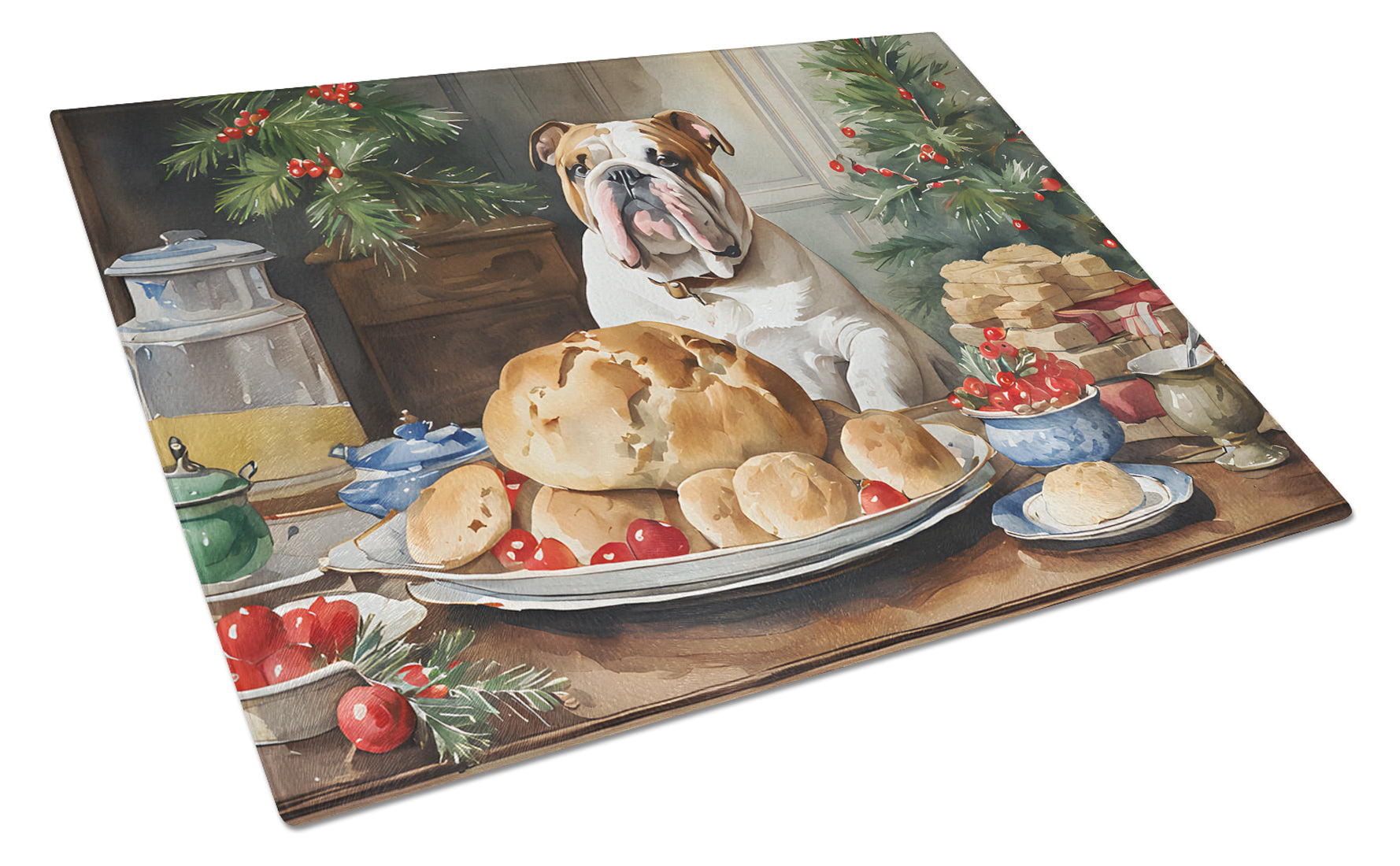 English Bulldog Christmas Cookies Cutting Board Tempered Glass Kitchen Cutting Surface, Heat Resistant Chopping, Non-Slip Feet, Food Prep & Serving
