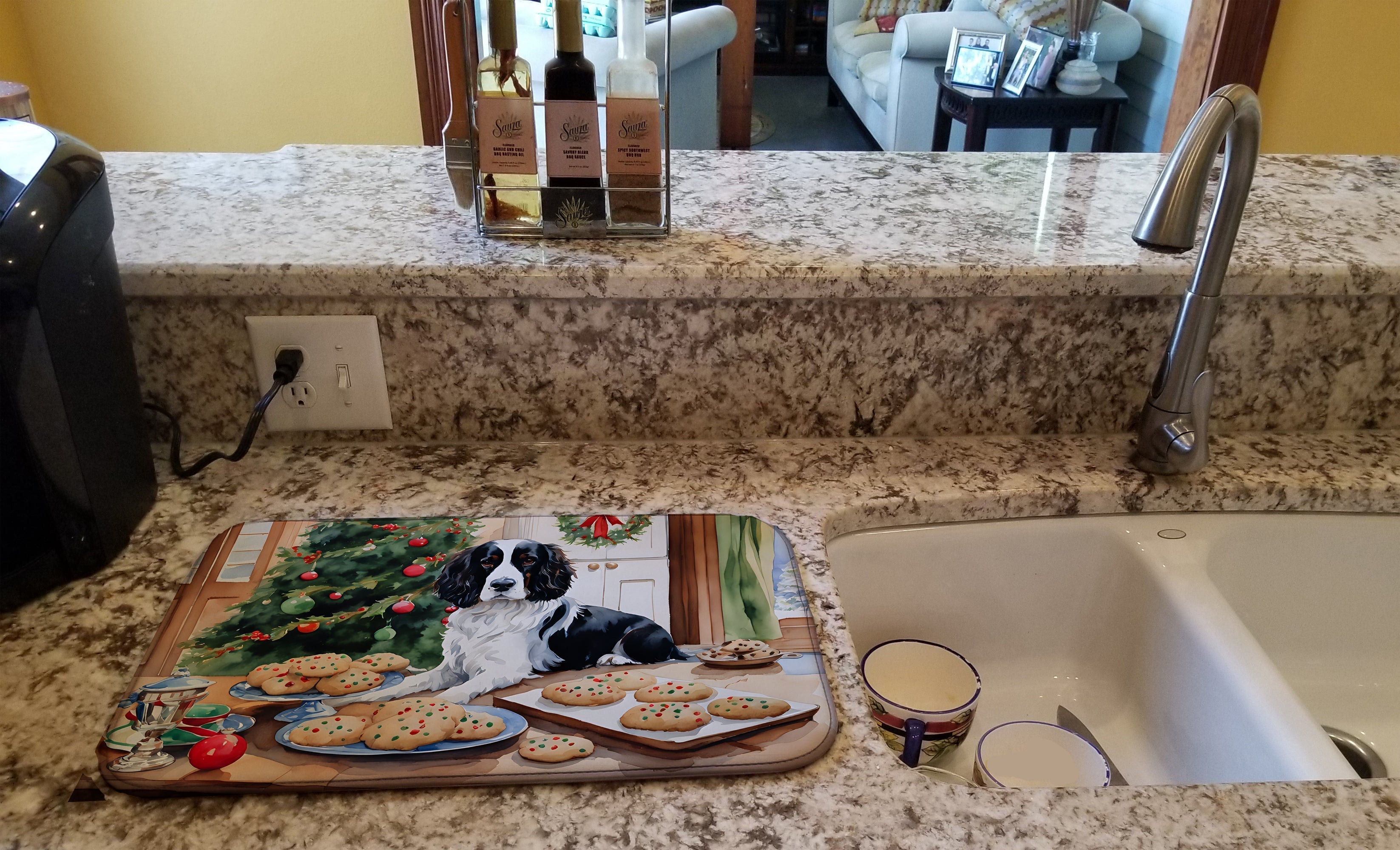 English Springer Spaniel Christmas Cookies Dish Drying Mat Absorbent Dish Drying Mat Pad for Kitchen Counter Dish Drainer Mat for Countertop, 14 x 21", Multicolor