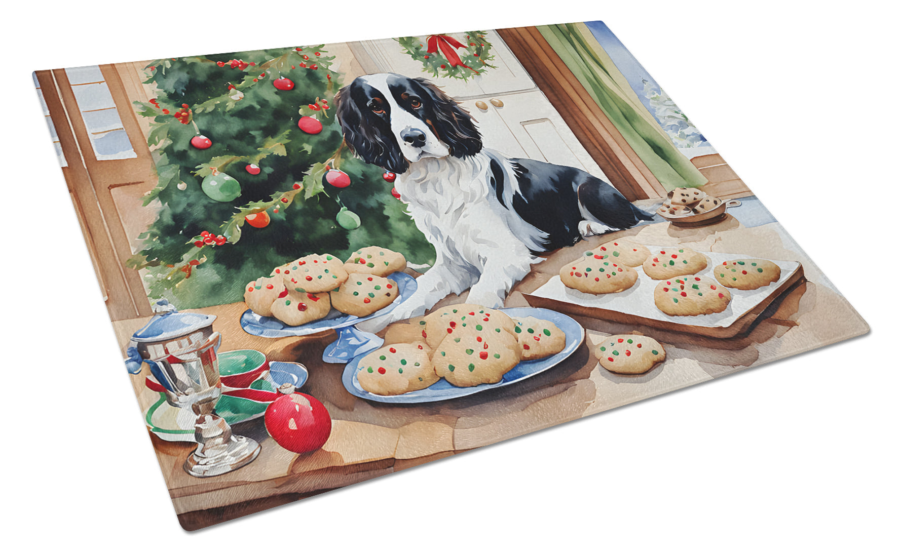 English Springer Spaniel Christmas Cookies Cutting Board Tempered Glass Kitchen Cutting Surface, Heat Resistant Chopping, Non-Slip Feet, Food Prep & Serving