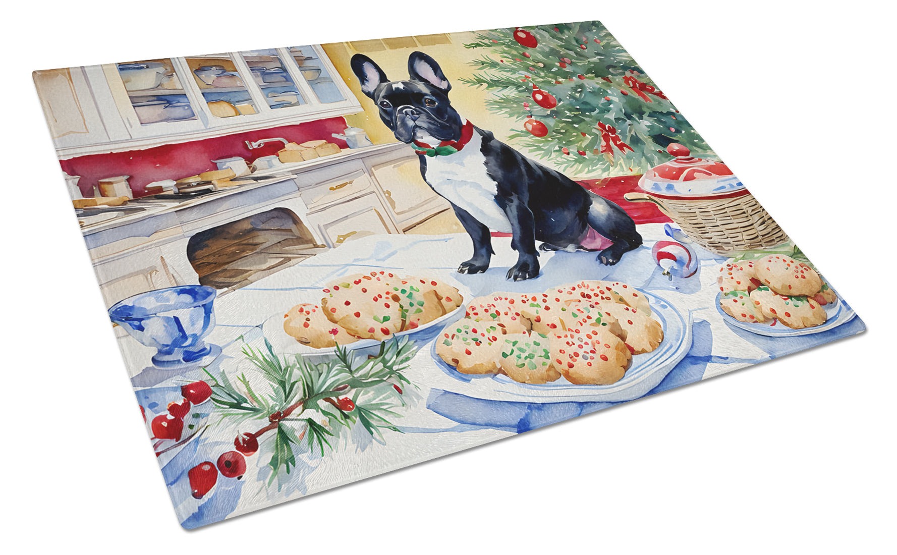 French Bulldog Christmas Cookies Cutting Board Tempered Glass Kitchen Cutting Surface, Heat Resistant Chopping, Non-Slip Feet, Food Prep & Serving