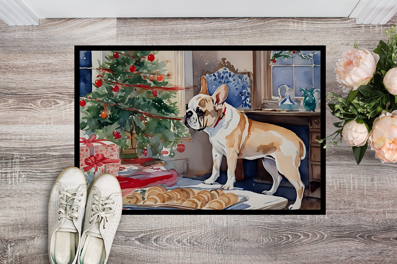 French Bulldog Christmas Cookies Doormat Indoor Outdoor 18H X 27W Front Door Mat Rugs for Entryway, Non Slip Washable