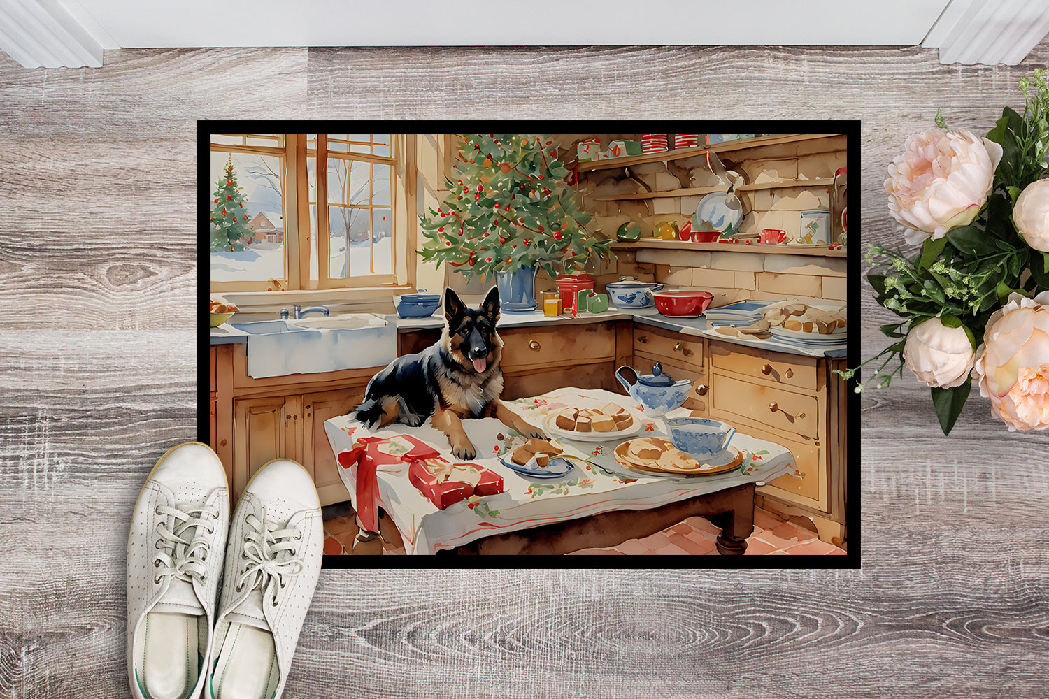 German Shepherd Christmas Cookies Doormat Indoor Outdoor 24H X 36W Front Door Mat Rugs for Entryway, Non Slip Washable Low Pile,