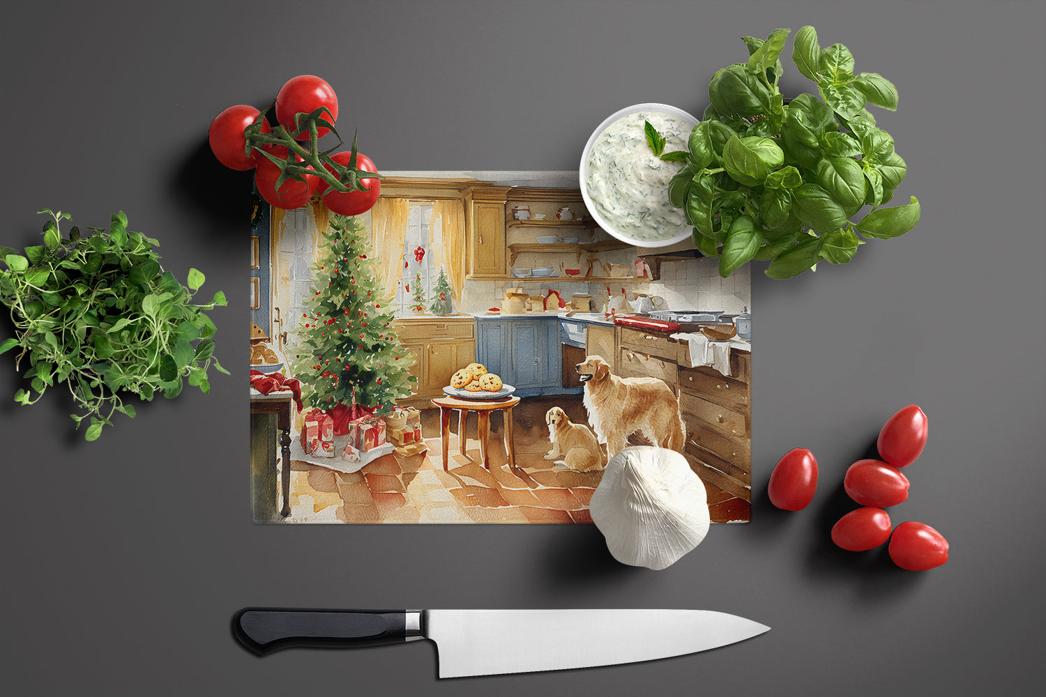 Golden Retriever Christmas Cookies Cutting Board Tempered Glass Kitchen Cutting Surface, Heat Resistant Chopping, Non-Slip Feet, Food Prep & Serving