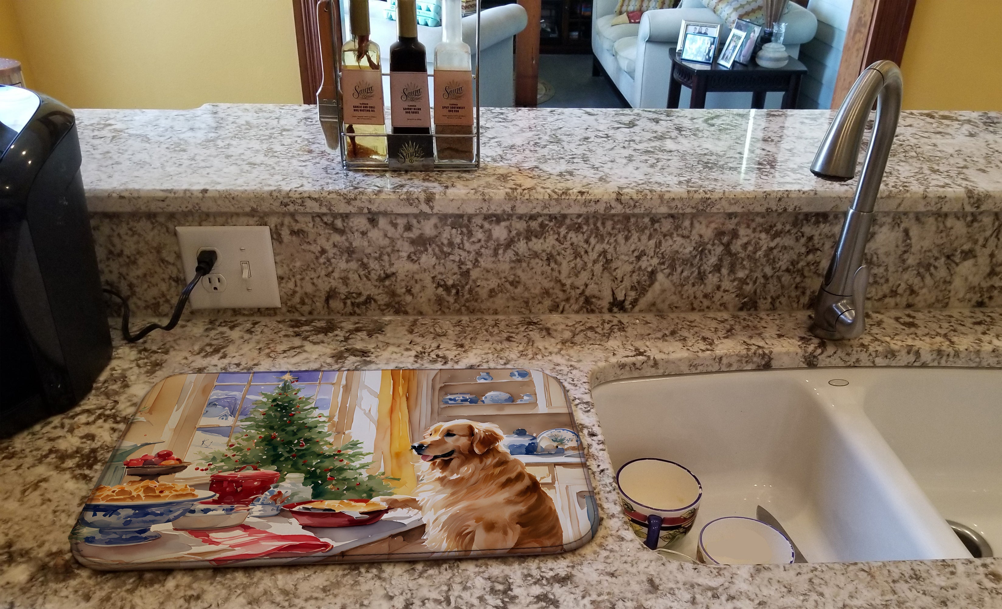 Golden Retriever Christmas Cookies Dish Drying Mat Absorbent Dish Drying Mat Pad for Kitchen Counter Dish Drainer Mat for Countertop, 14 x 21", Multicolor