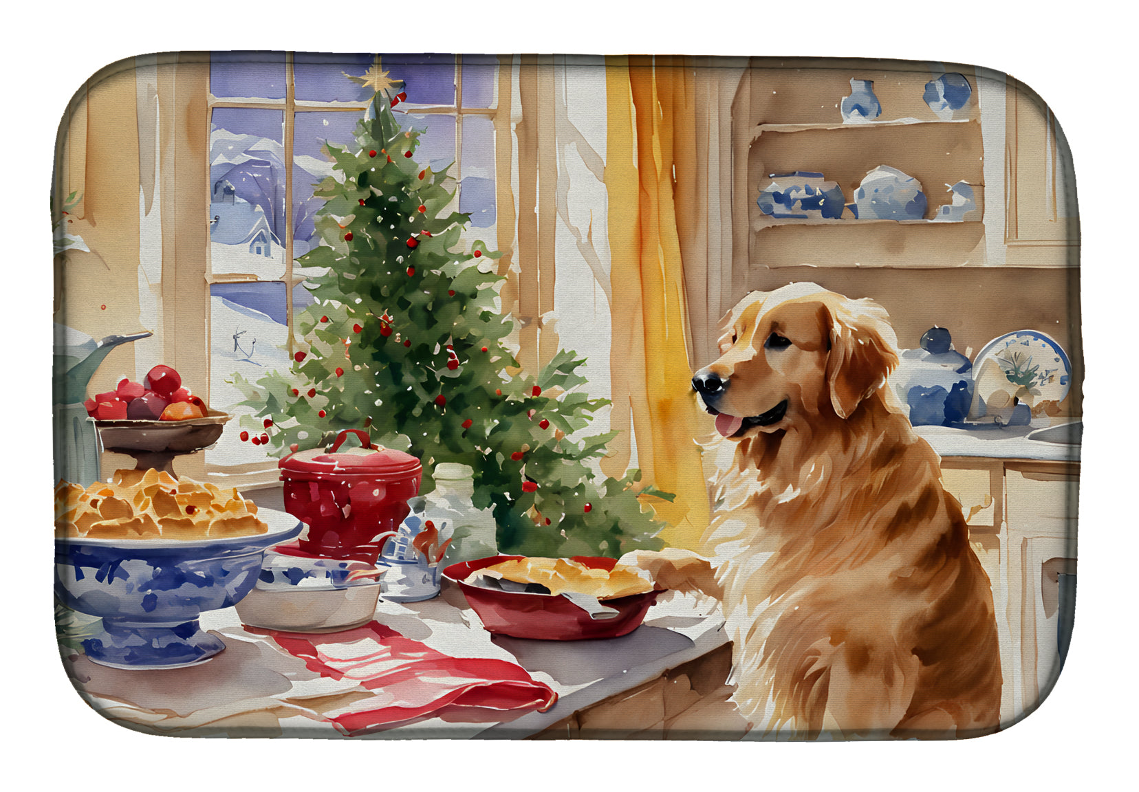 Golden Retriever Christmas Cookies Dish Drying Mat Absorbent Dish Drying Mat Pad for Kitchen Counter Dish Drainer Mat for Countertop, 14 x 21", Multicolor