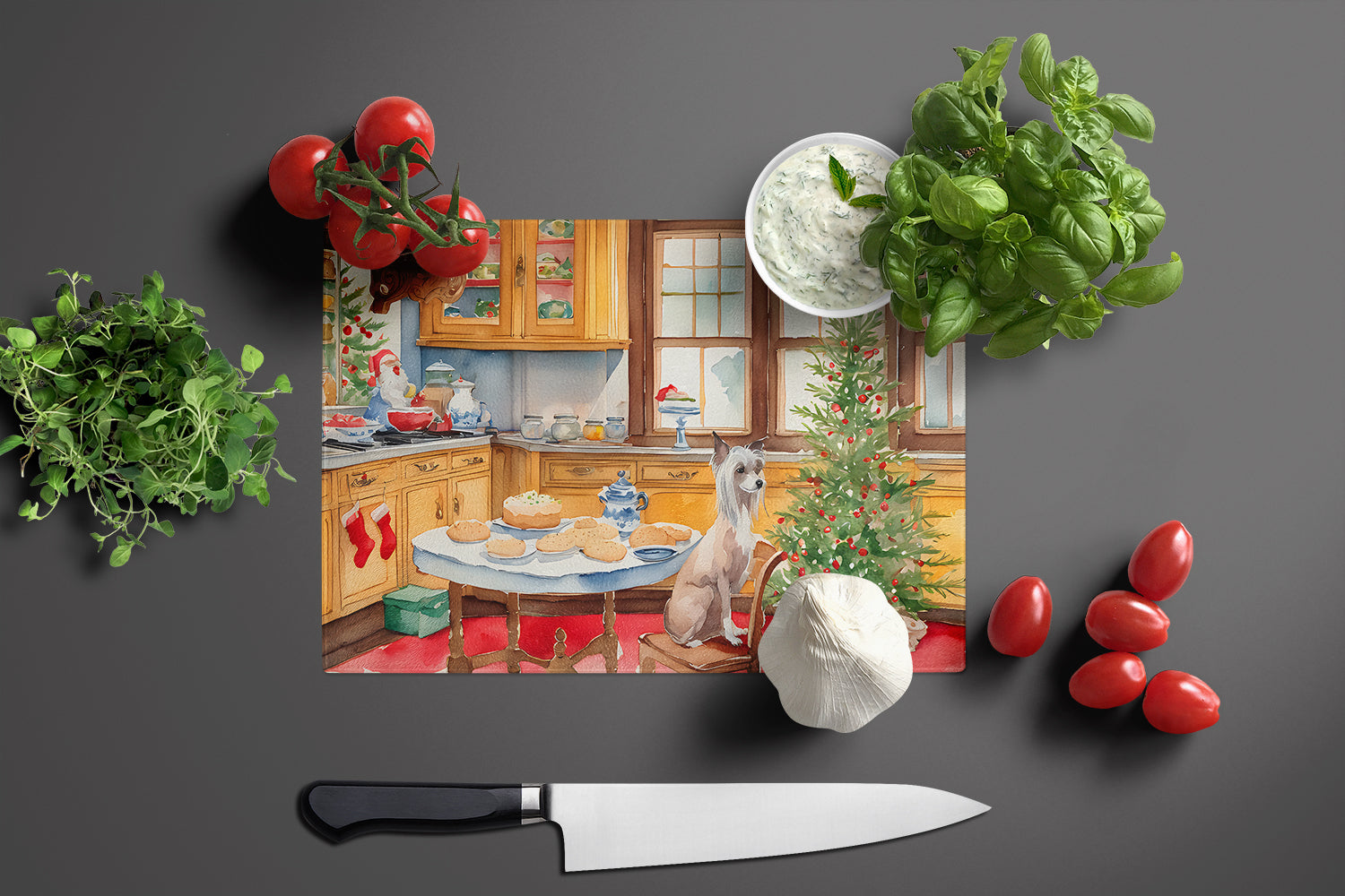 Chinese Crested Christmas Cookies Cutting Board Tempered Glass Kitchen Cutting Surface, Heat Resistant Chopping, Non-Slip Feet, Food Prep & Serving
