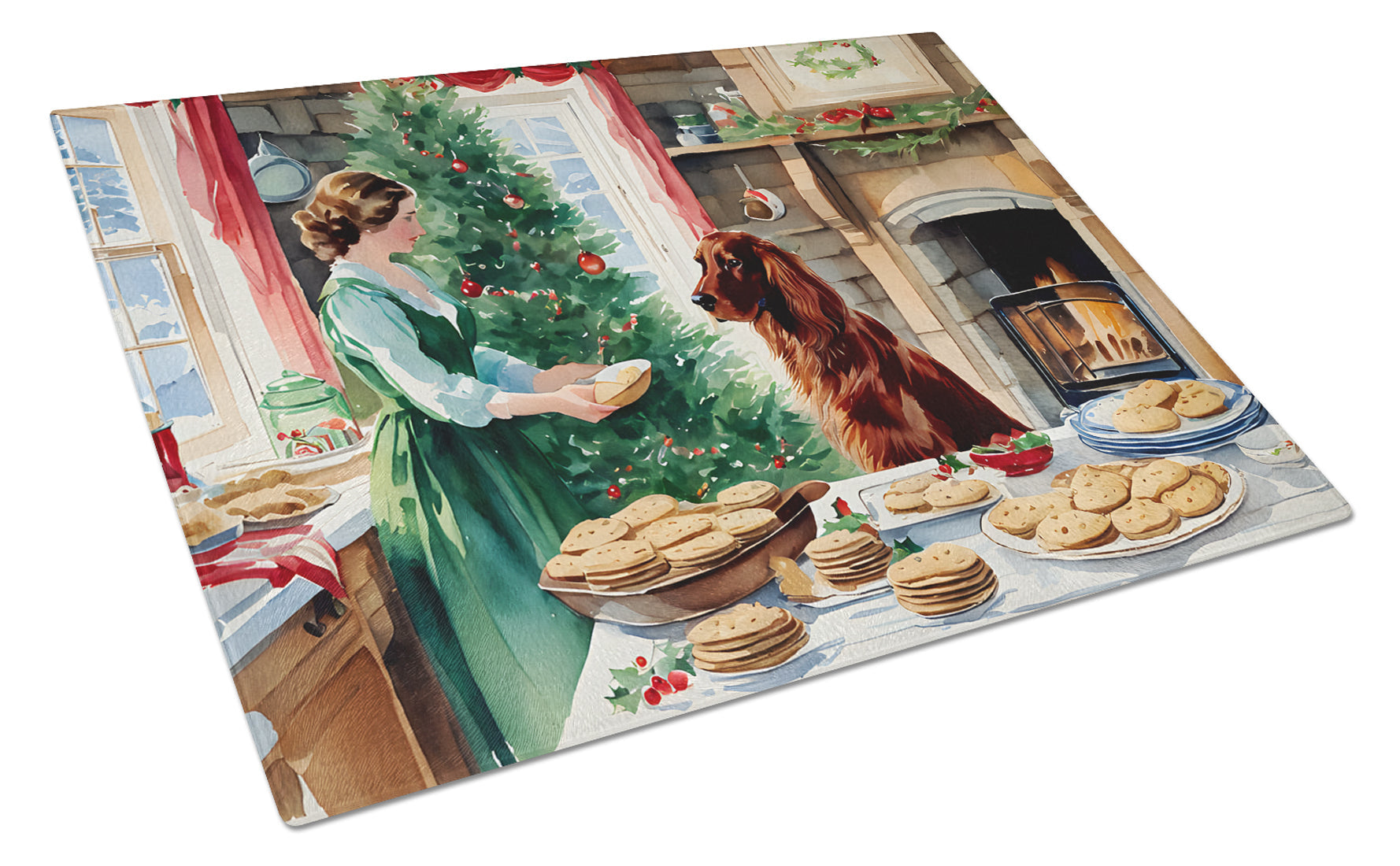 Irish Setter Christmas Cookies Cutting Board Tempered Glass Kitchen Cutting Surface, Heat Resistant Chopping, Non-Slip Feet, Food Prep & Serving