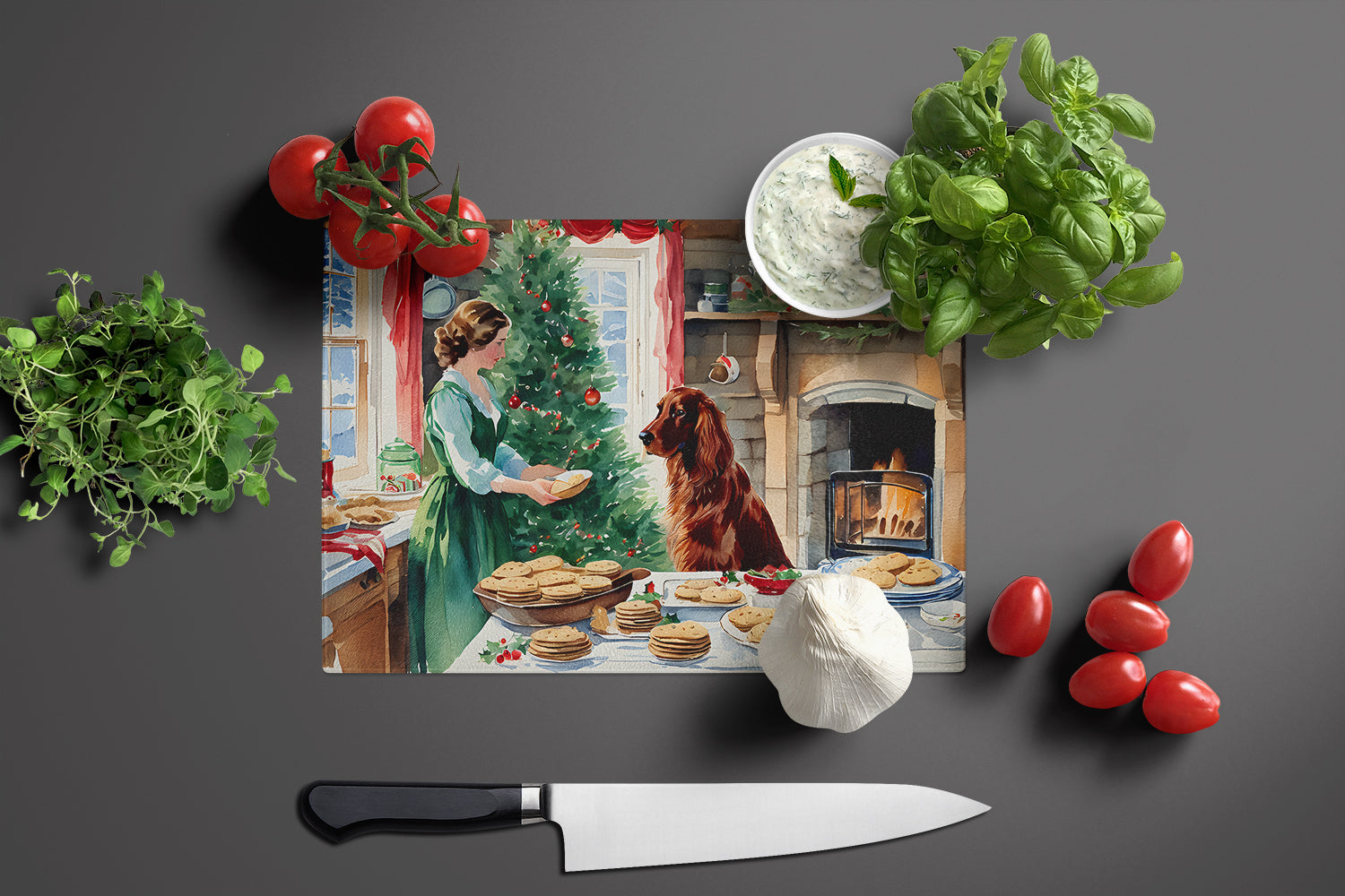 Irish Setter Christmas Cookies Cutting Board Tempered Glass Kitchen Cutting Surface, Heat Resistant Chopping, Non-Slip Feet, Food Prep & Serving